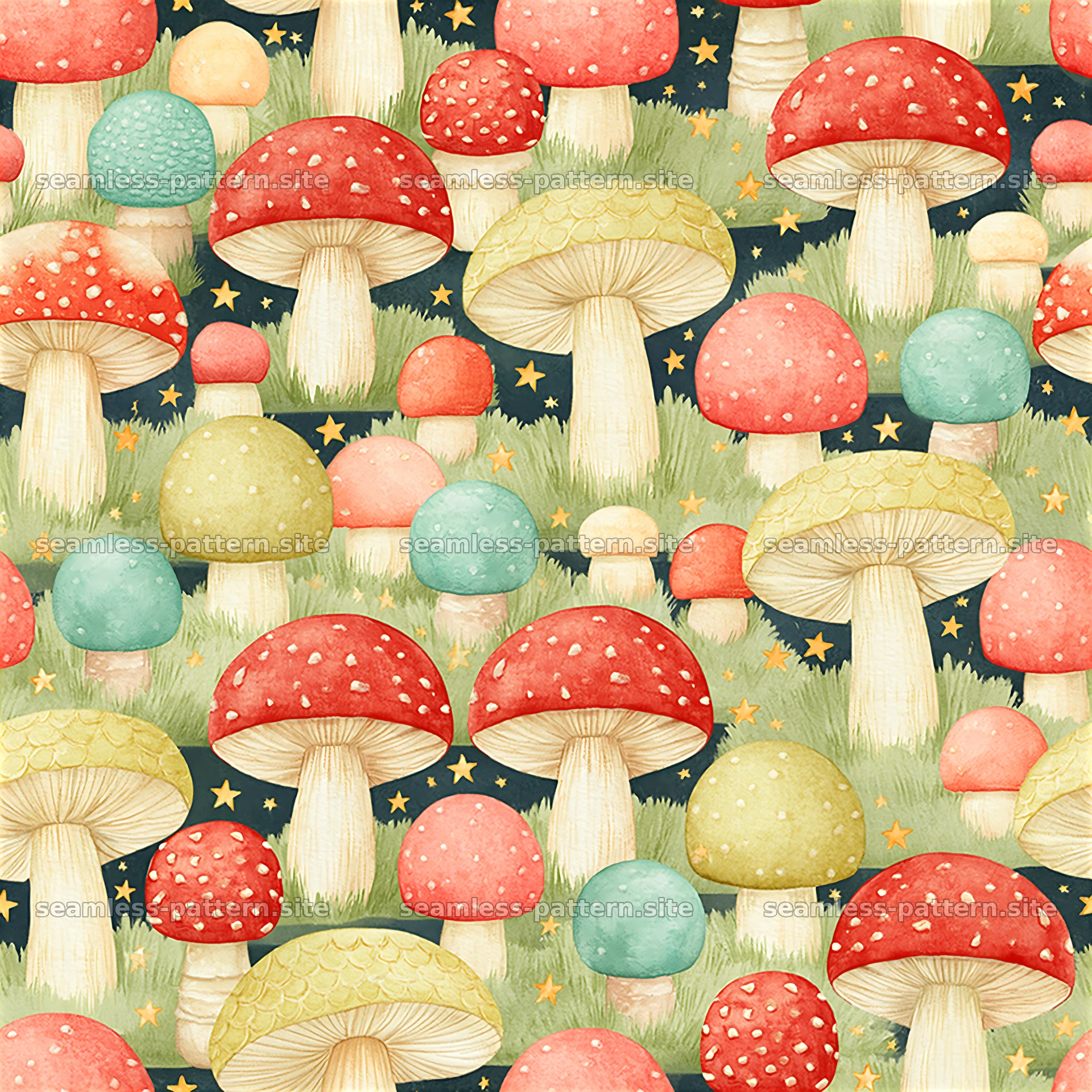 Mushroom design seamless pattern in bright colors — seamless tileable pattern at 8192x8192