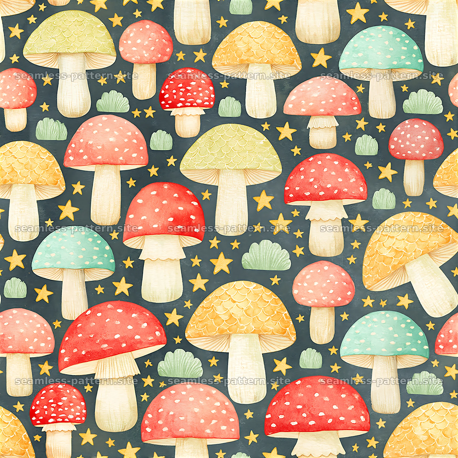 Colorful Mushroom and Star Seamless Pattern — seamless tileable pattern at 8192x8192