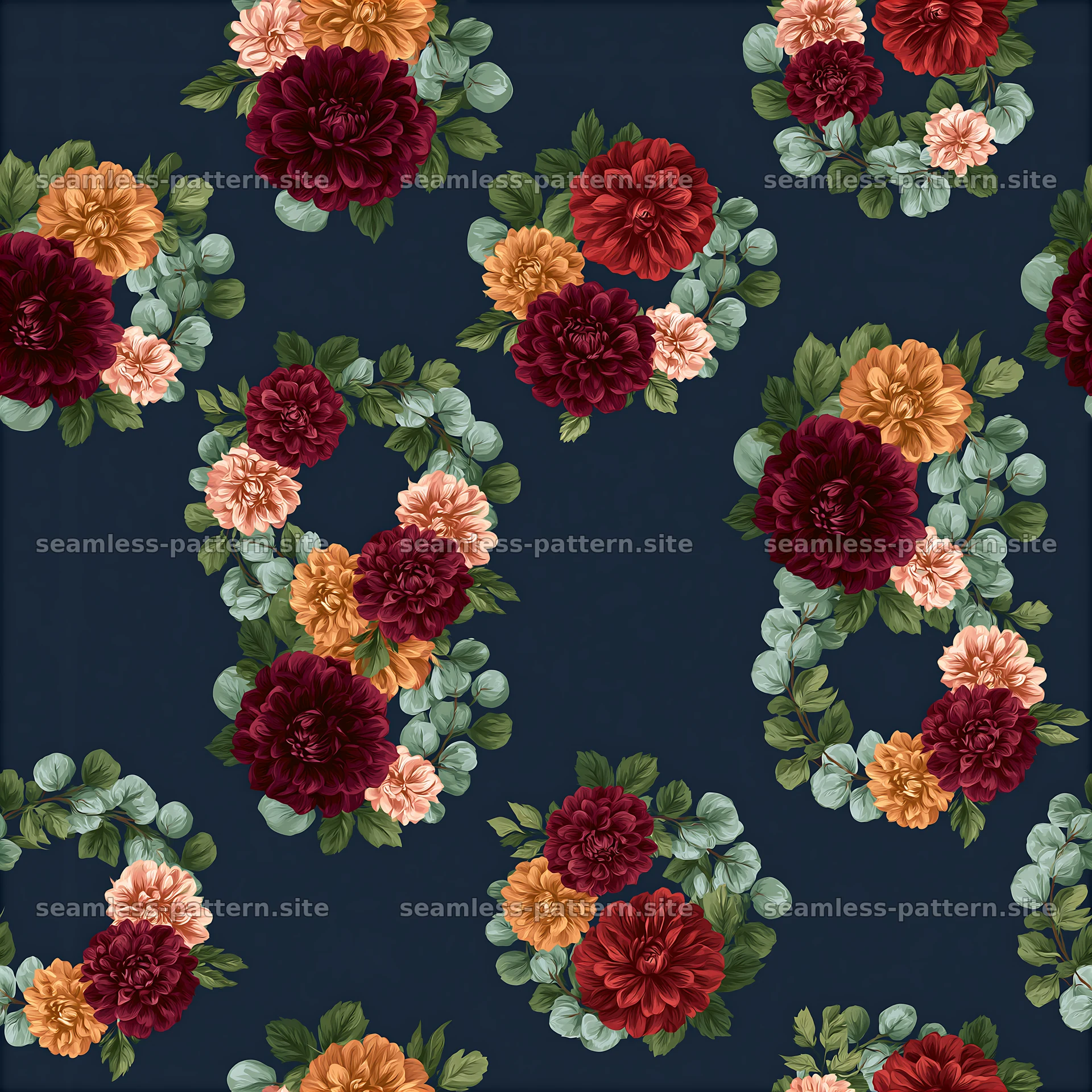 Flower wreath seamless pattern with dark background and vibrant colors — seamless tileable pattern at 8192x8192