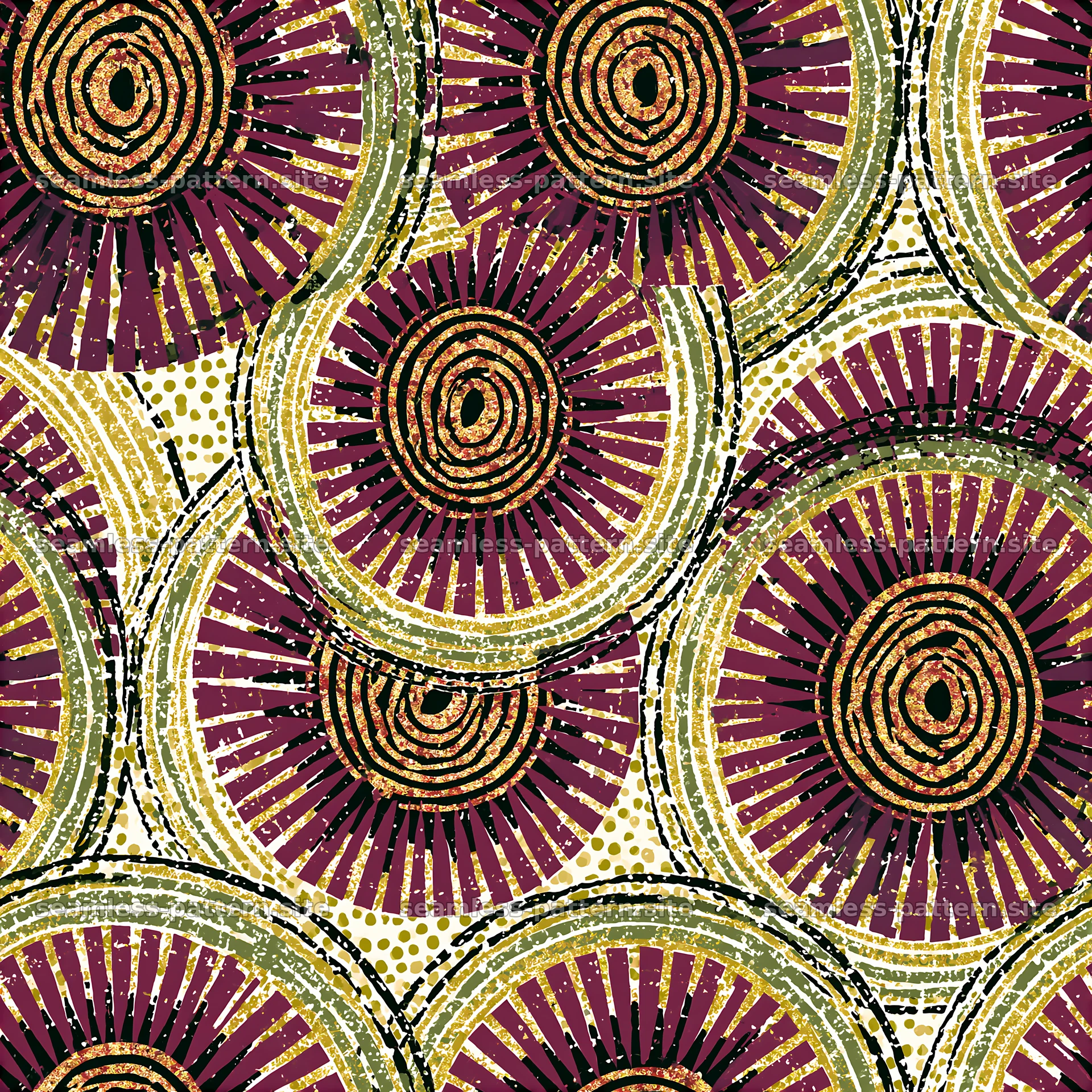 Radial black red gold repeat pattern with concentric circles — seamless tileable pattern at 8192x8192