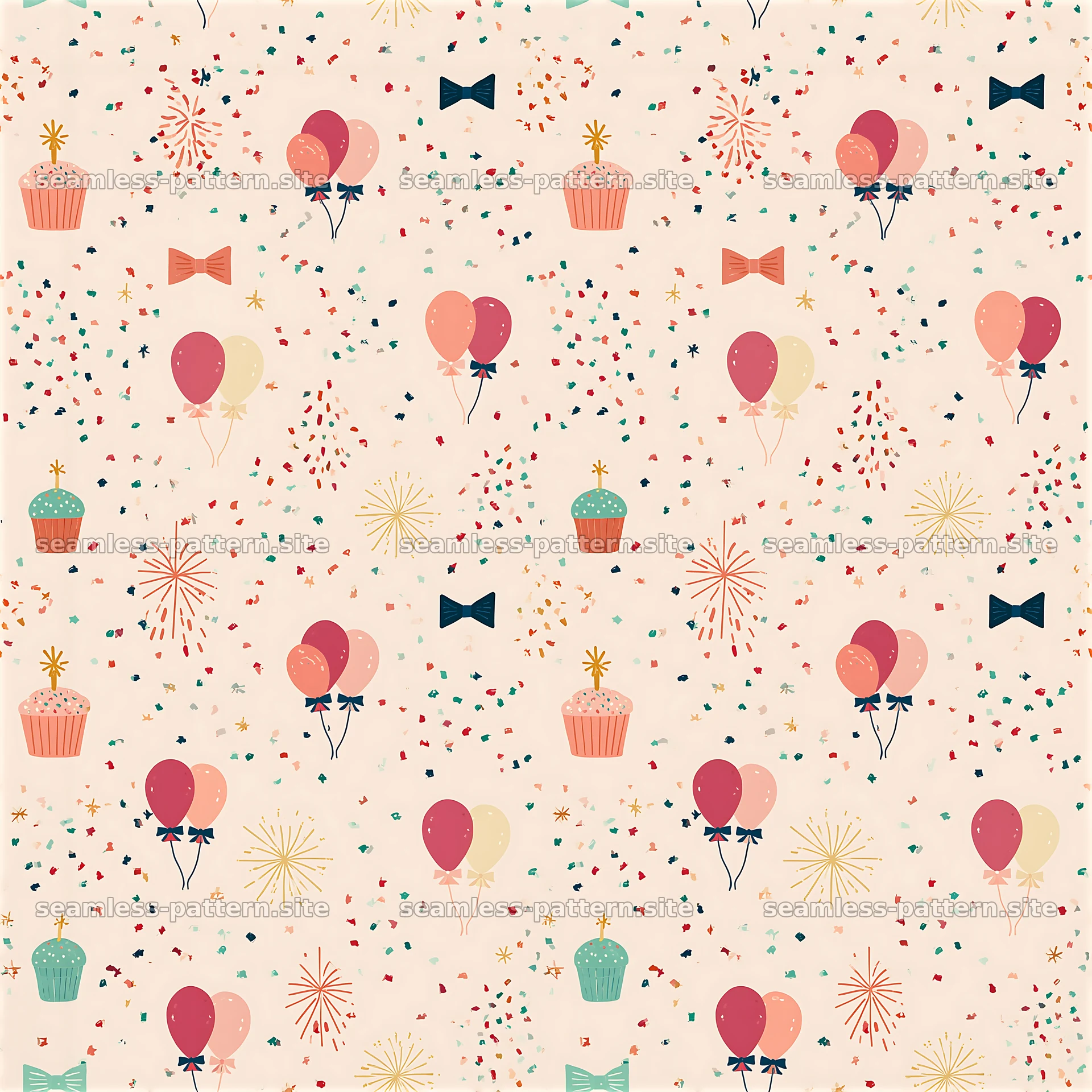 Colorful celebration seamless pattern with balloons and cupcakes — seamless tileable pattern at 8192x8192