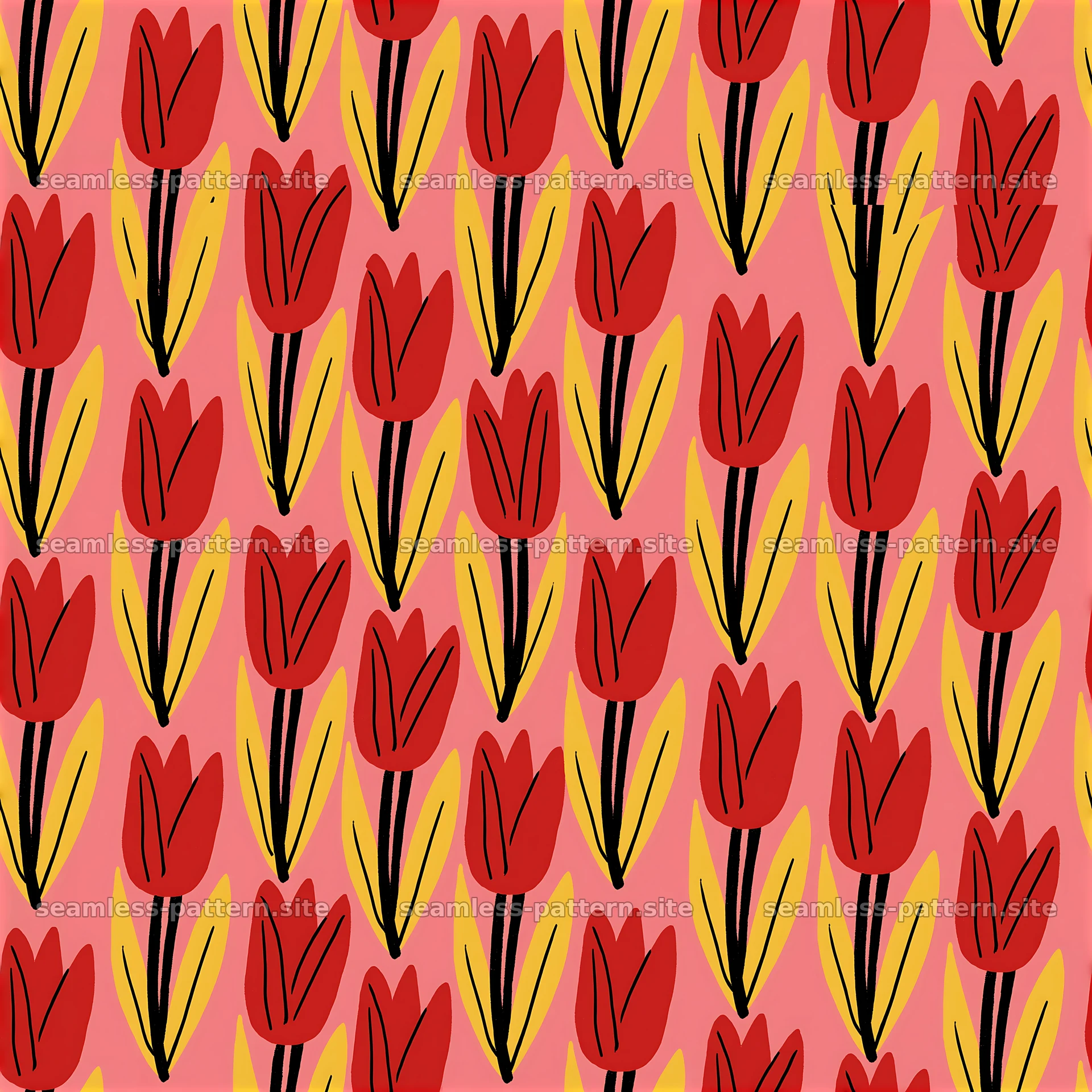 Red Tulip and Gold Leaf Seamless Pattern — seamless tileable pattern at 8192x8192