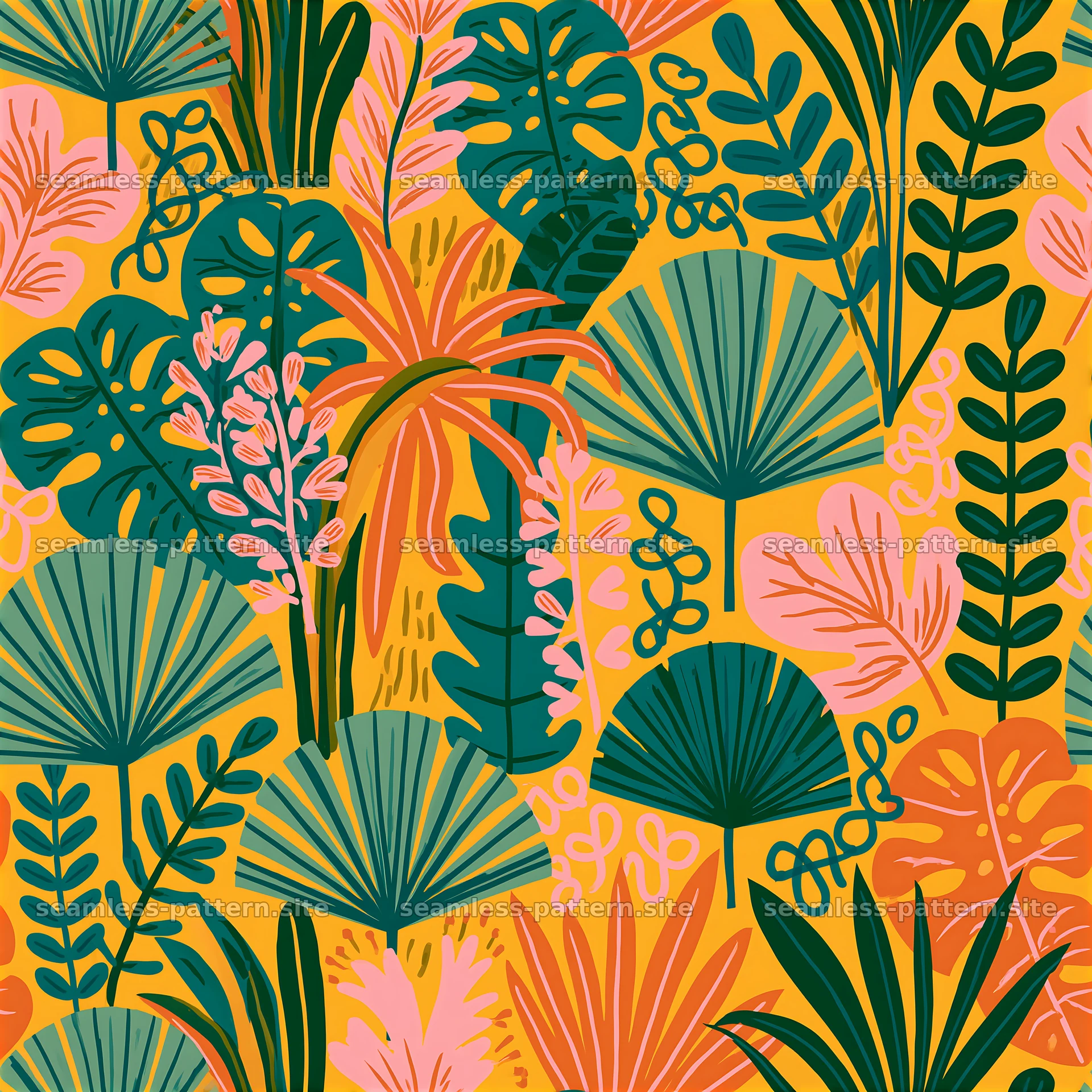 Vivid jungle foliage seamless pattern with tropical plants on yellow background — seamless tileable pattern at 8192x8192
