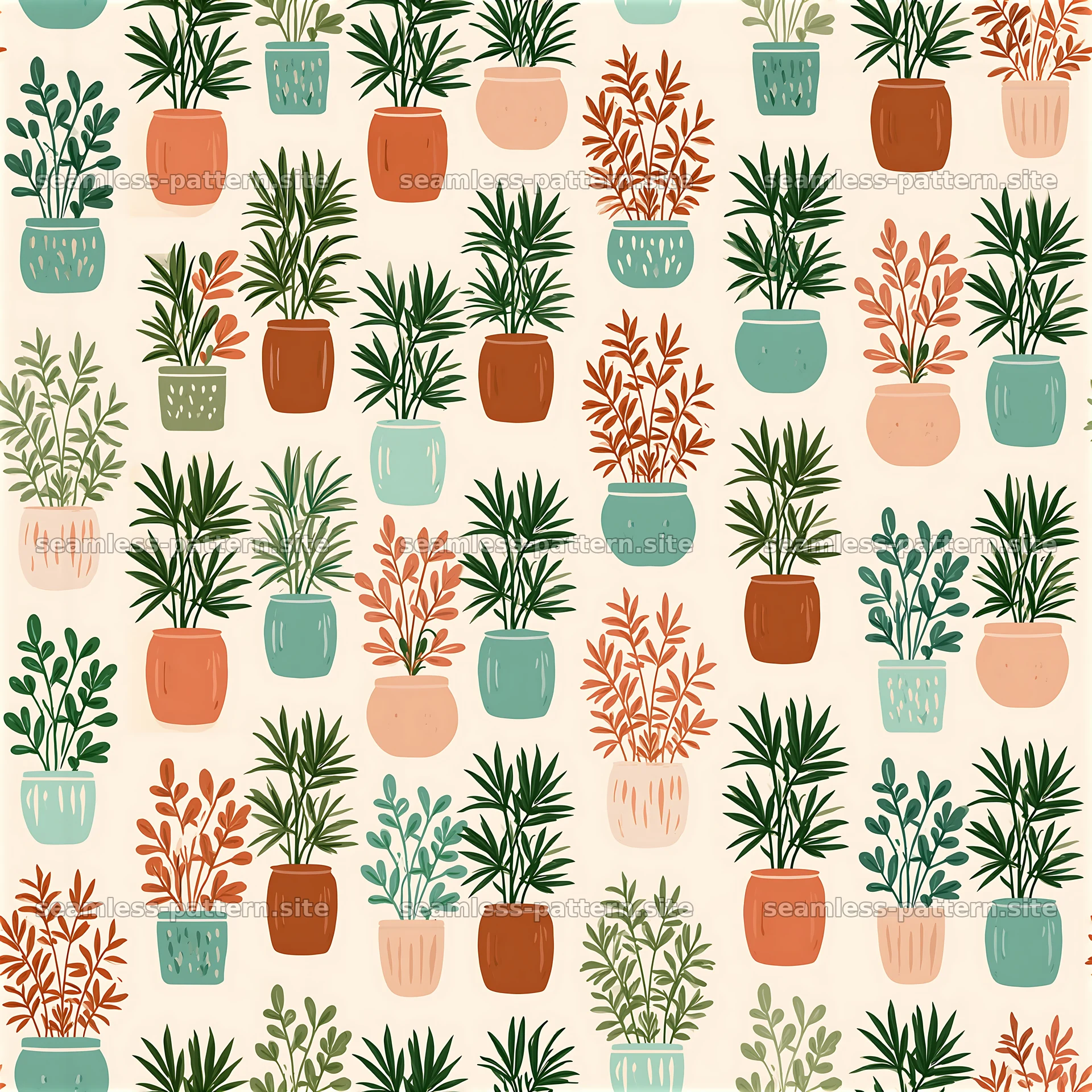Colorful potted plants seamless pattern on a light background — seamless tileable pattern at 8192x8192