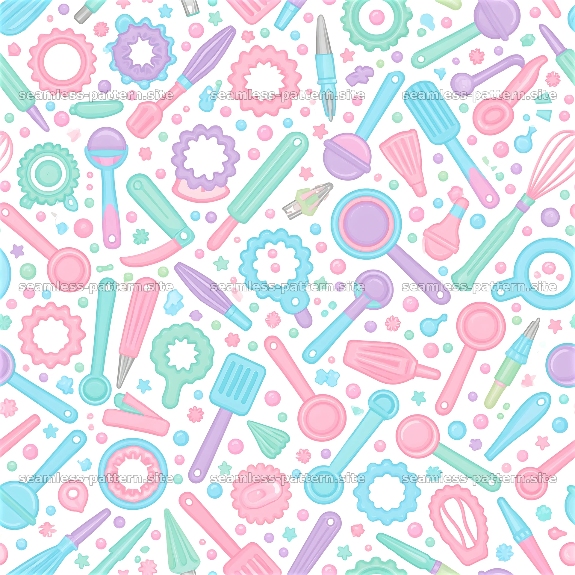 Cute baking tools and utensils in pastel colors arranged in a pattern — seamless tileable pattern at 8192x8192