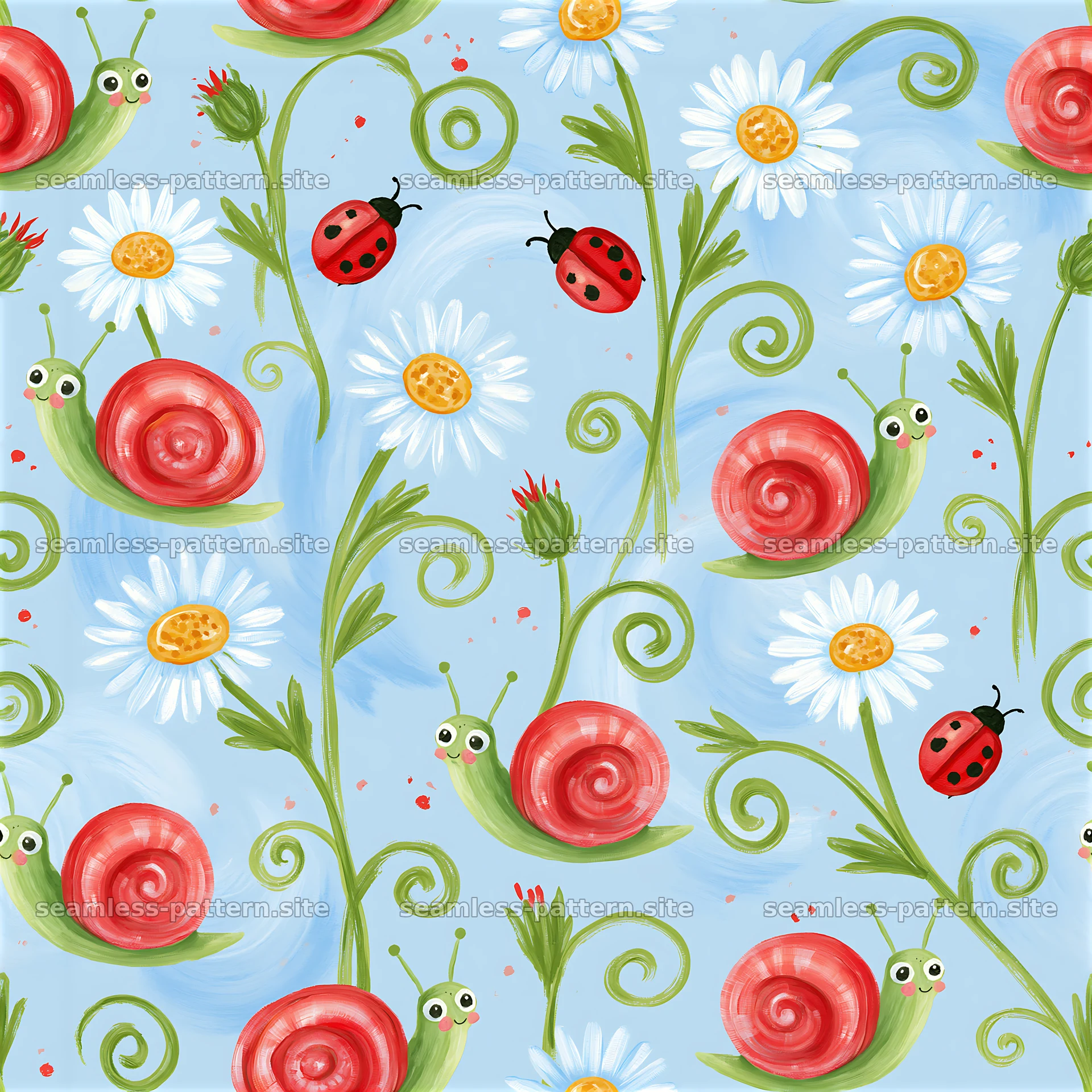 Colorful snail and flower seamless pattern on light blue background — seamless tileable pattern at 8192x8192