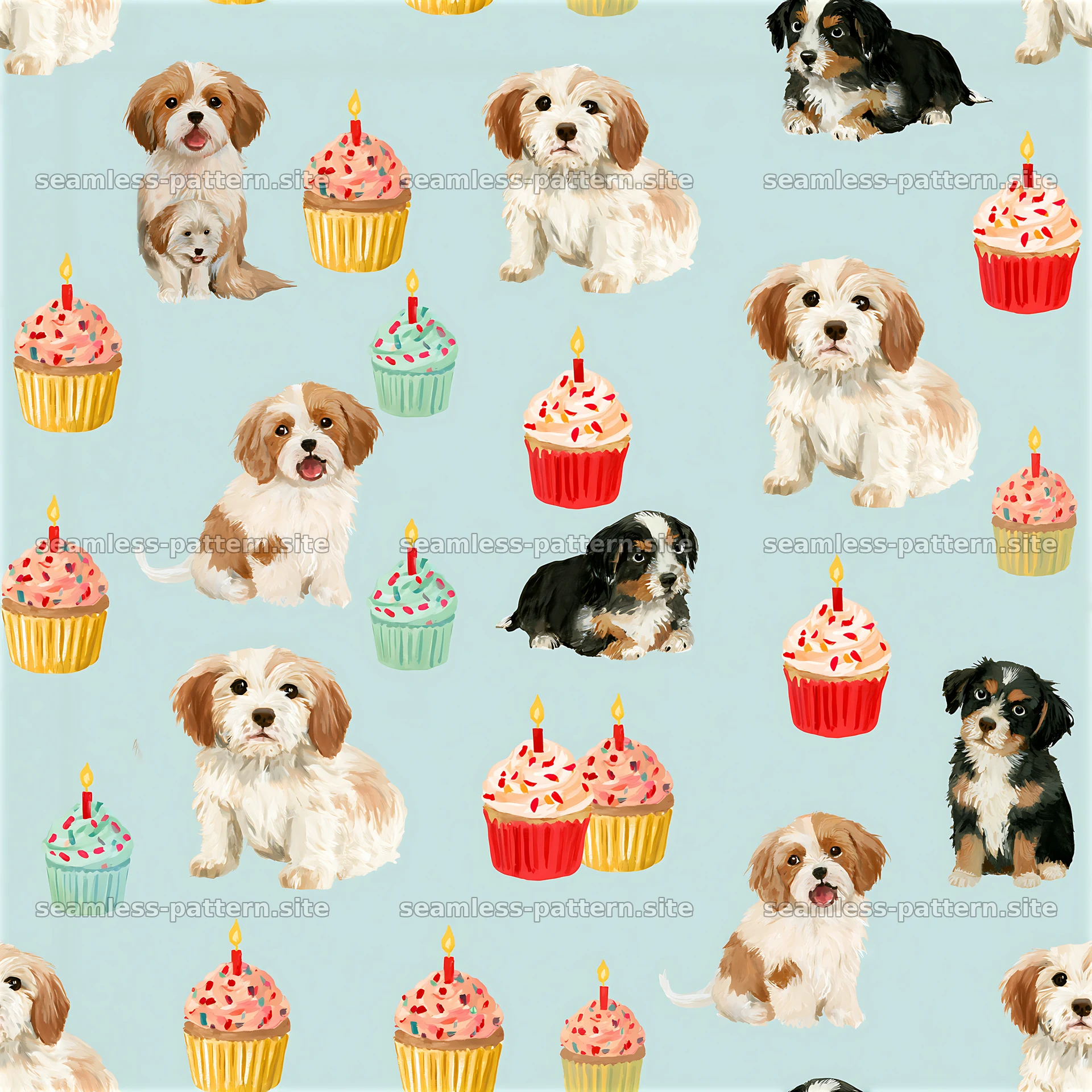 Birthday puppies seamless pattern with cupcakes and colorful dogs — seamless tileable pattern at 8192x8192