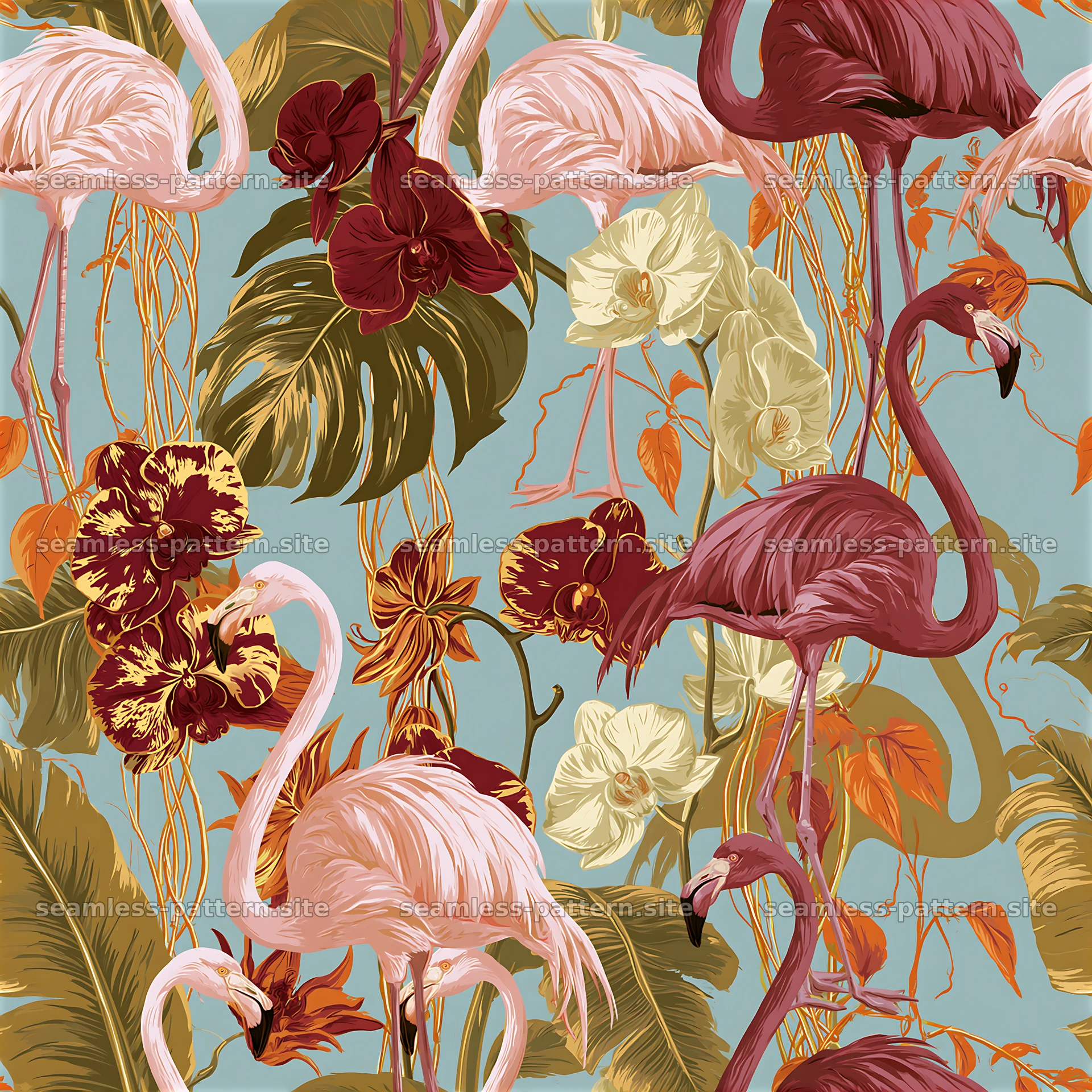 Colorful flamingo and tropical flower seamless pattern — seamless tileable pattern at 8192x8192