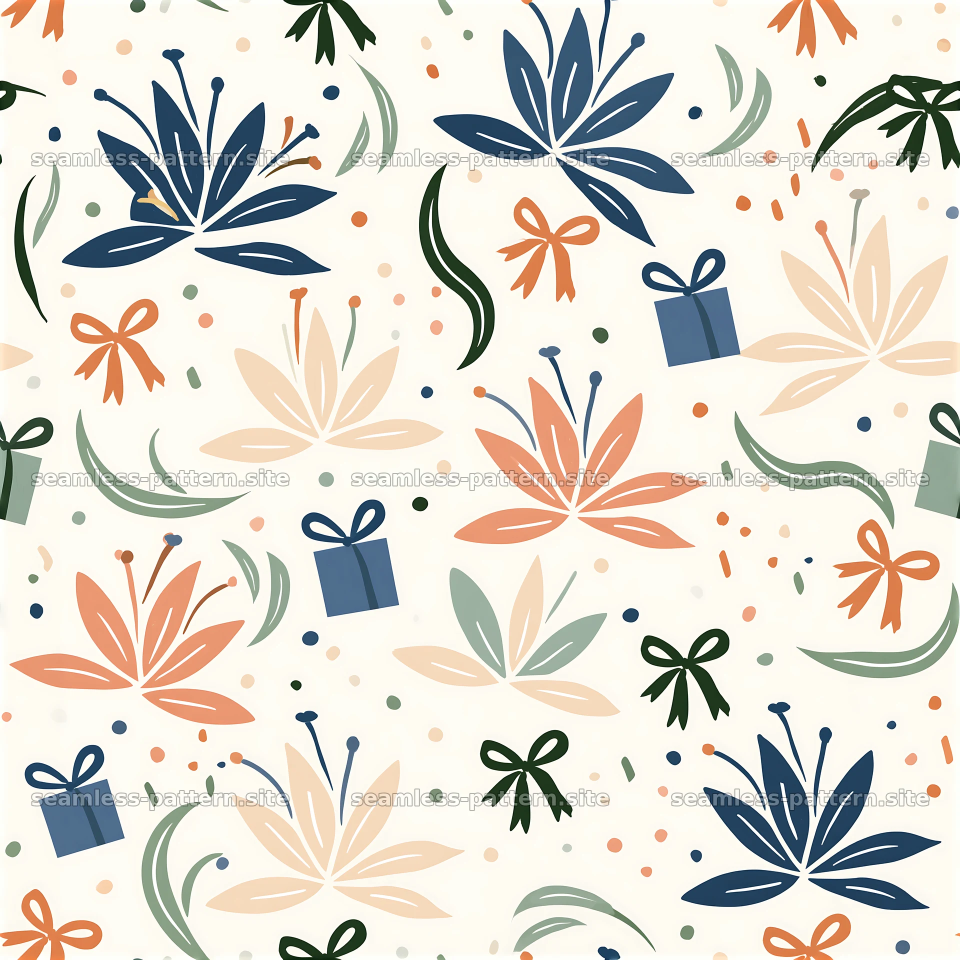 Birthday floral repeat pattern with gifts and bows — seamless tileable pattern at 8192x8192