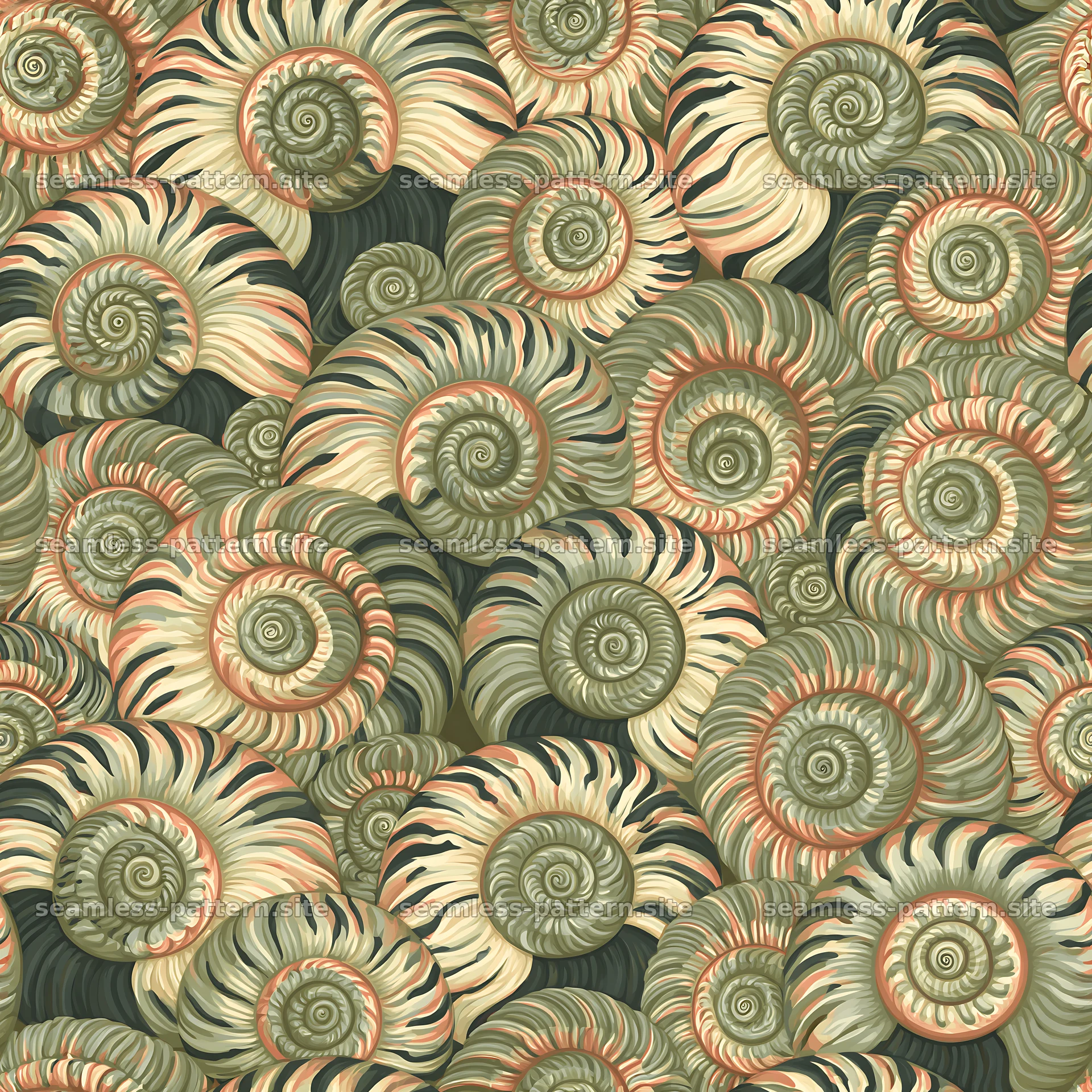 Seamless snail shell pattern with spirals in earthy tones — seamless tileable pattern