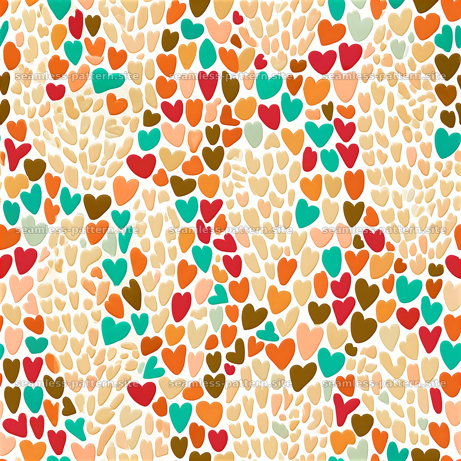 Colorful heart shapes in a random layout for fabric design — seamless tileable pattern at 8192x8192