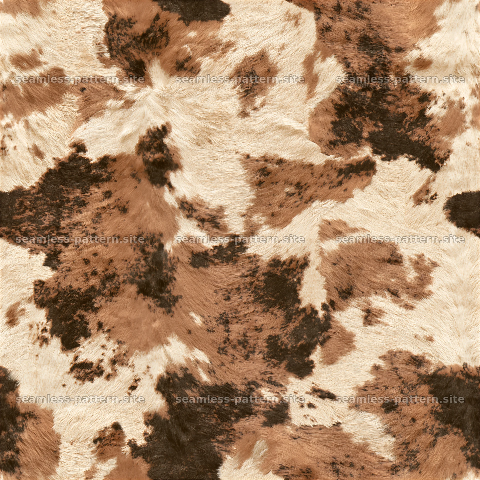 Seamless digital cowhide repeat pattern with brown and cream colors — seamless tileable pattern at 8192x8192