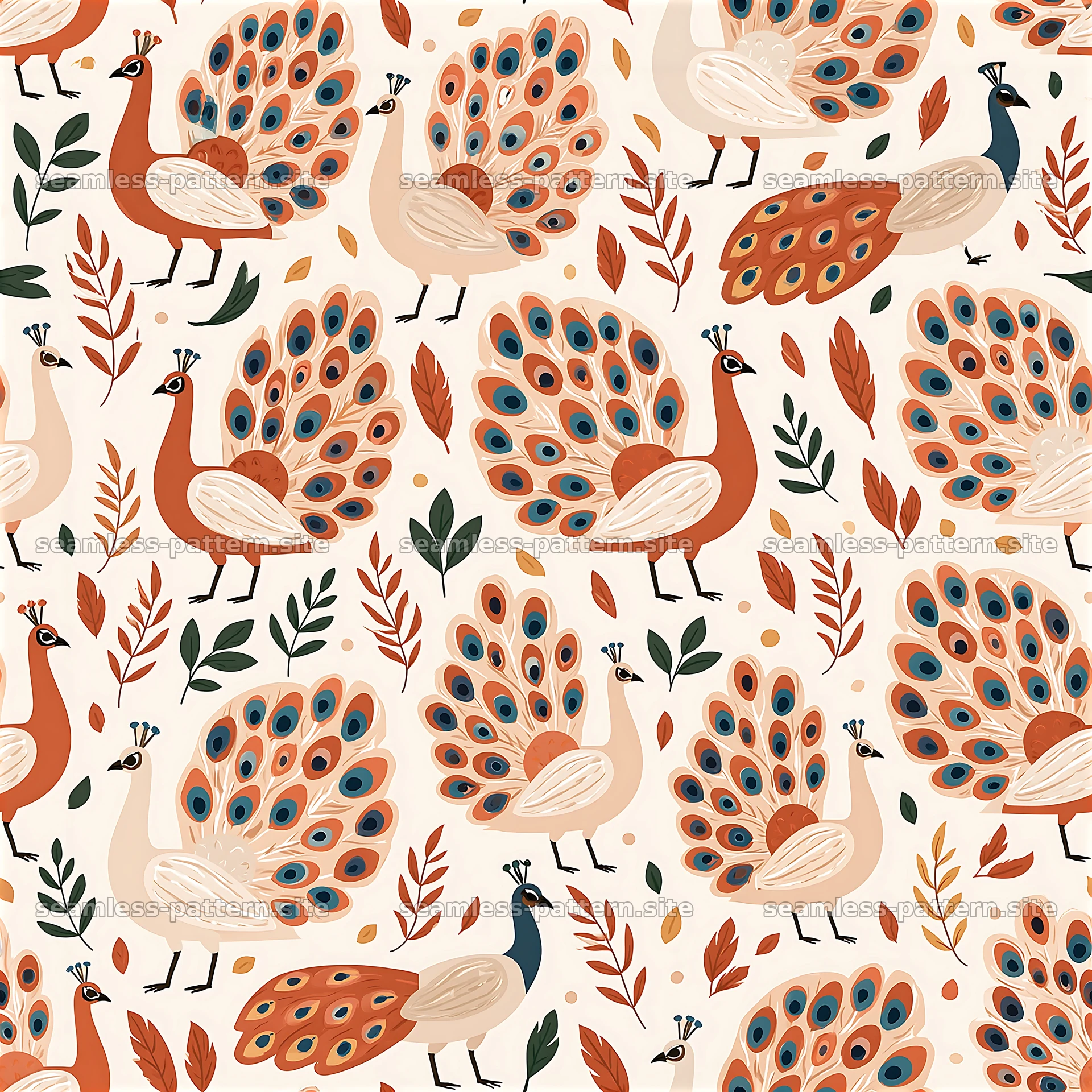 Colorful Peacock Seamless Pattern with Leaves — seamless tileable pattern at 8192x8192