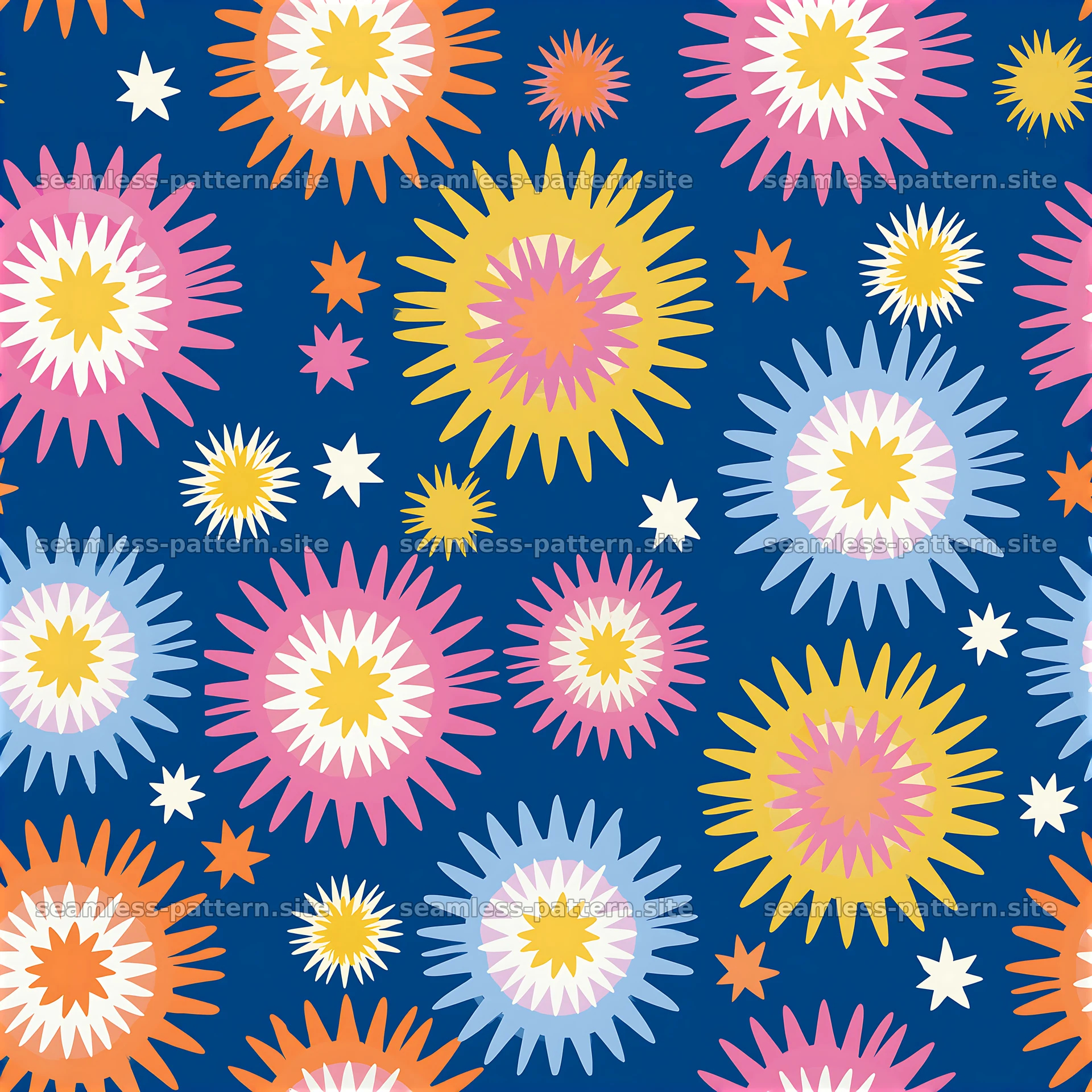 Colorful seamless pattern with starburst motifs on a blue background — seamless tileable pattern at 8192x8192