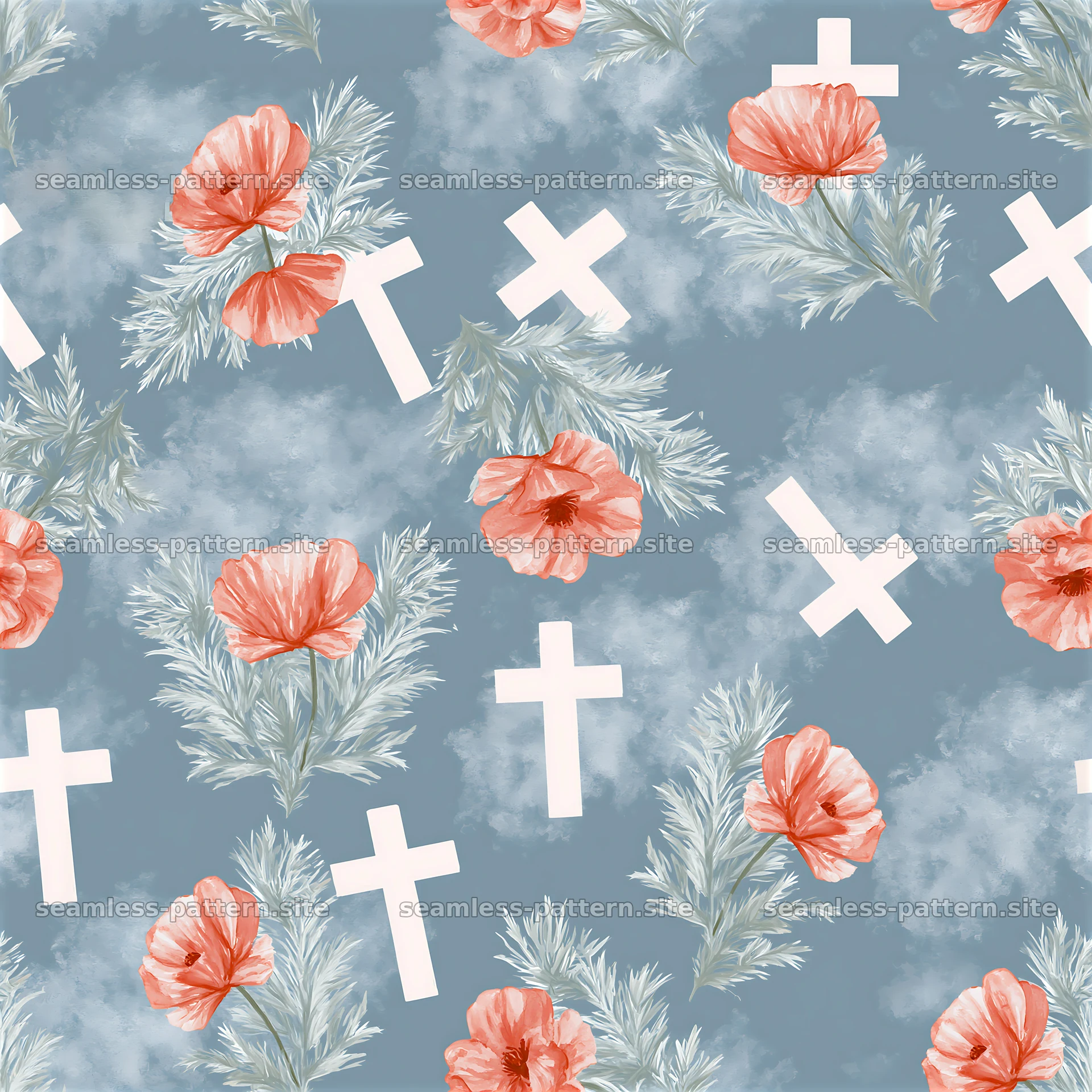 Seamless Christian cross pattern with soft watercolor florals on gray — seamless tileable pattern at 8192x8192