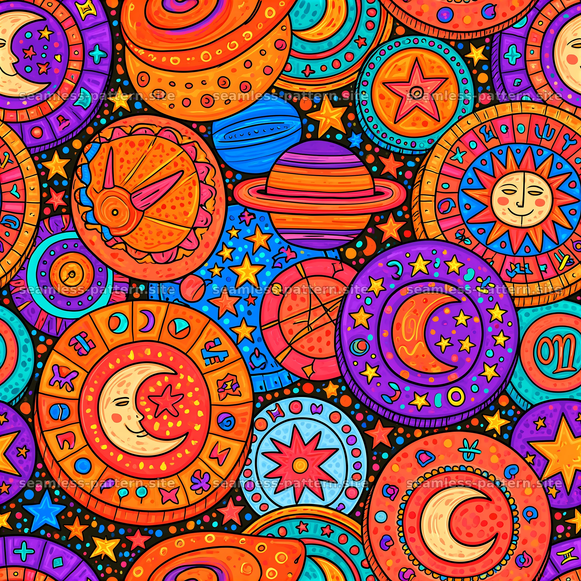 Colorful astrology seamless pattern with celestial motifs and symbols — seamless tileable pattern at 8192x8192