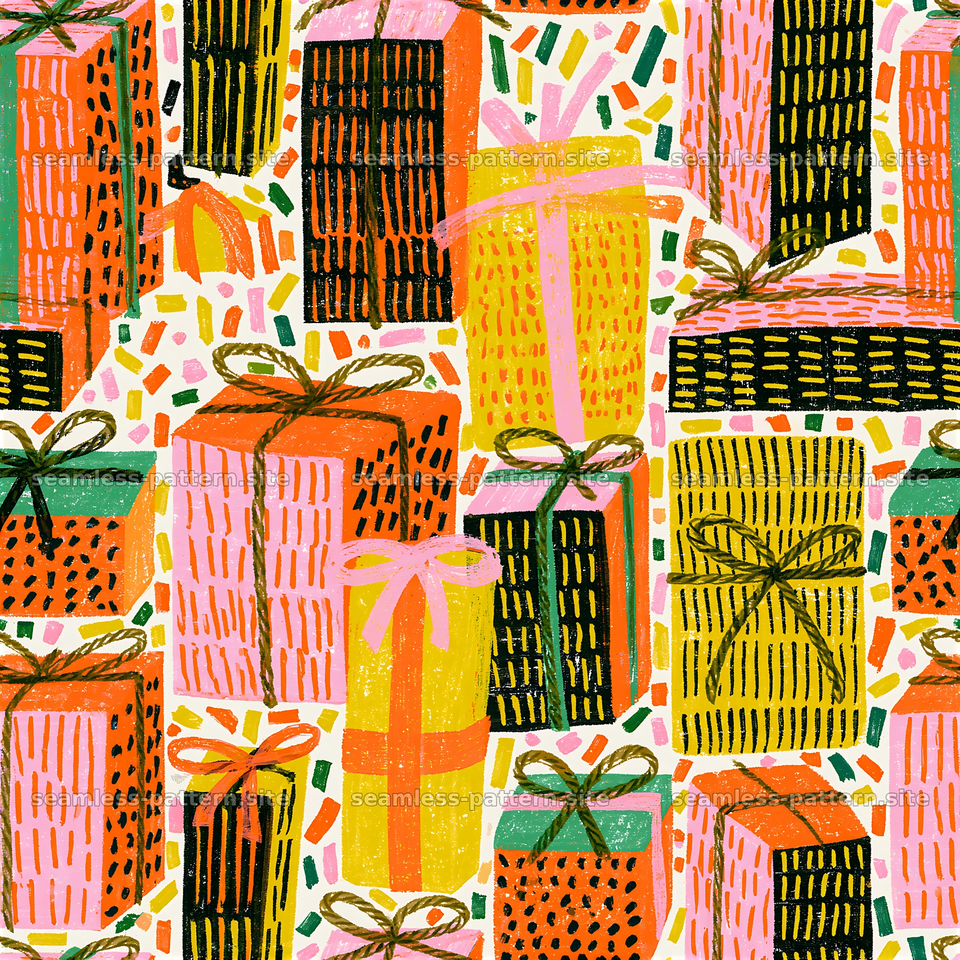 Colorful Hand-Drawn Wrapped Presents Seamless Pattern — seamless tileable pattern at 8192x8192