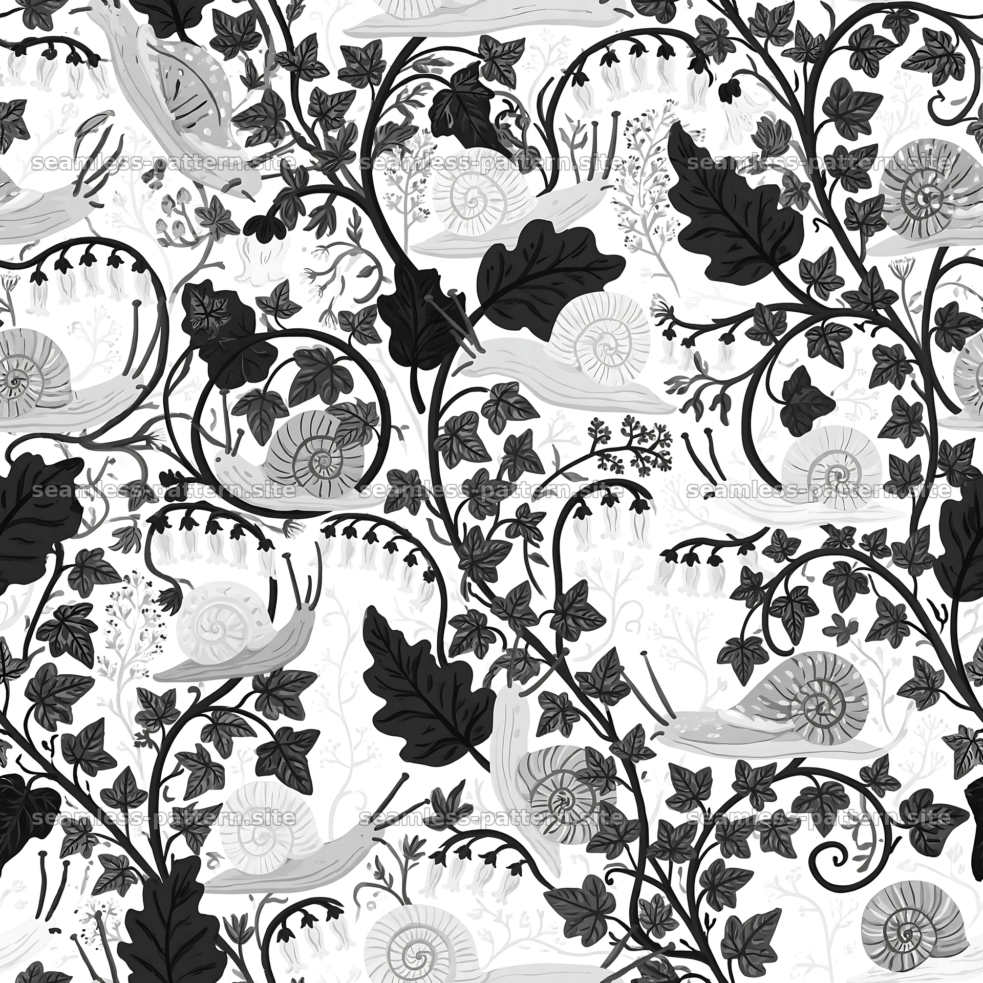 Whimsical snails and foliage seamless pattern in black and white — seamless tileable pattern