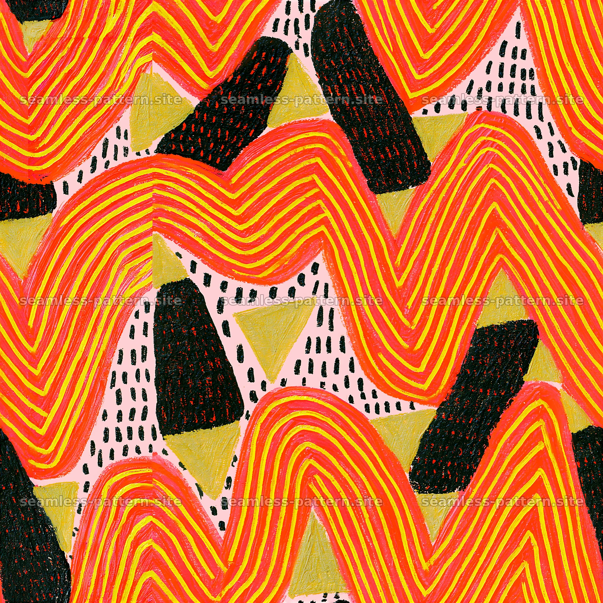 Bold abstract waves in red, gold, and black in a seamless pattern — seamless tileable pattern at 8192x8192