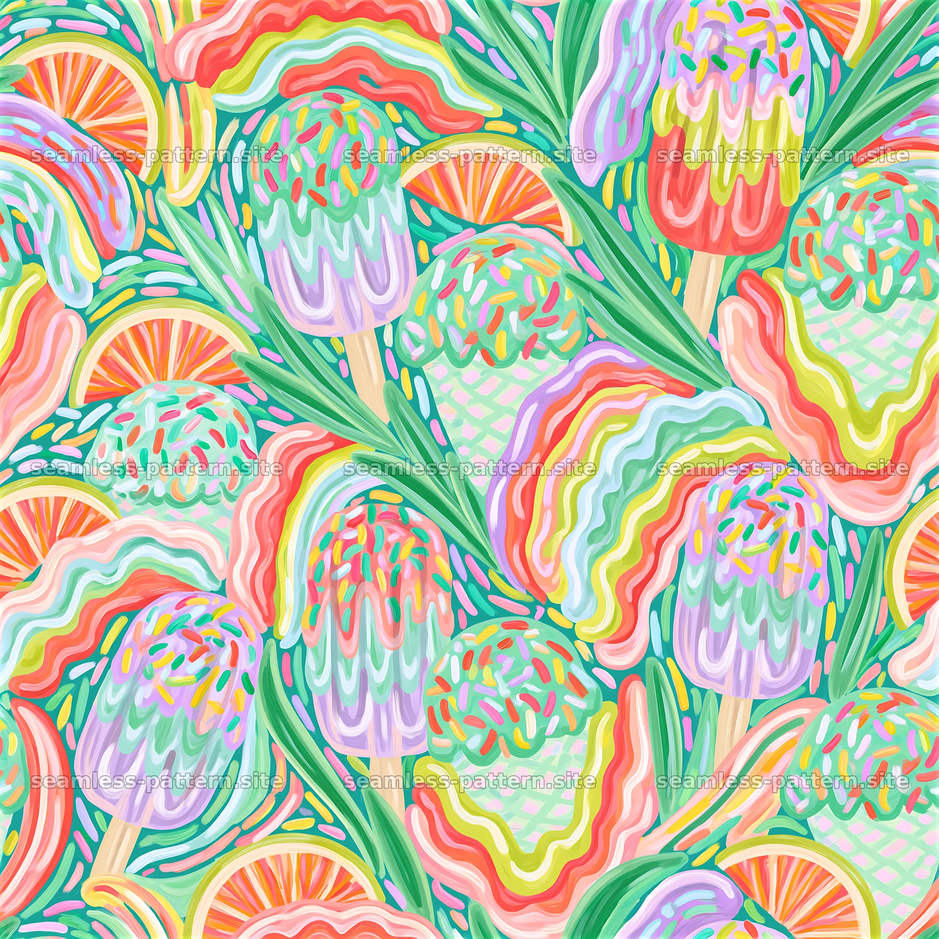 Colorful ice cream pattern with popsicles and fruit slices — seamless tileable pattern at 8192x8192