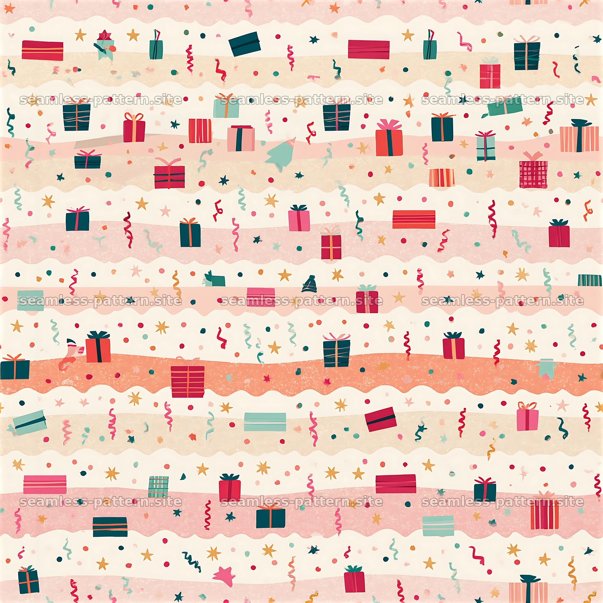 Colorful striped seamless pattern with gifts and decorations — seamless tileable pattern at 8192x8192