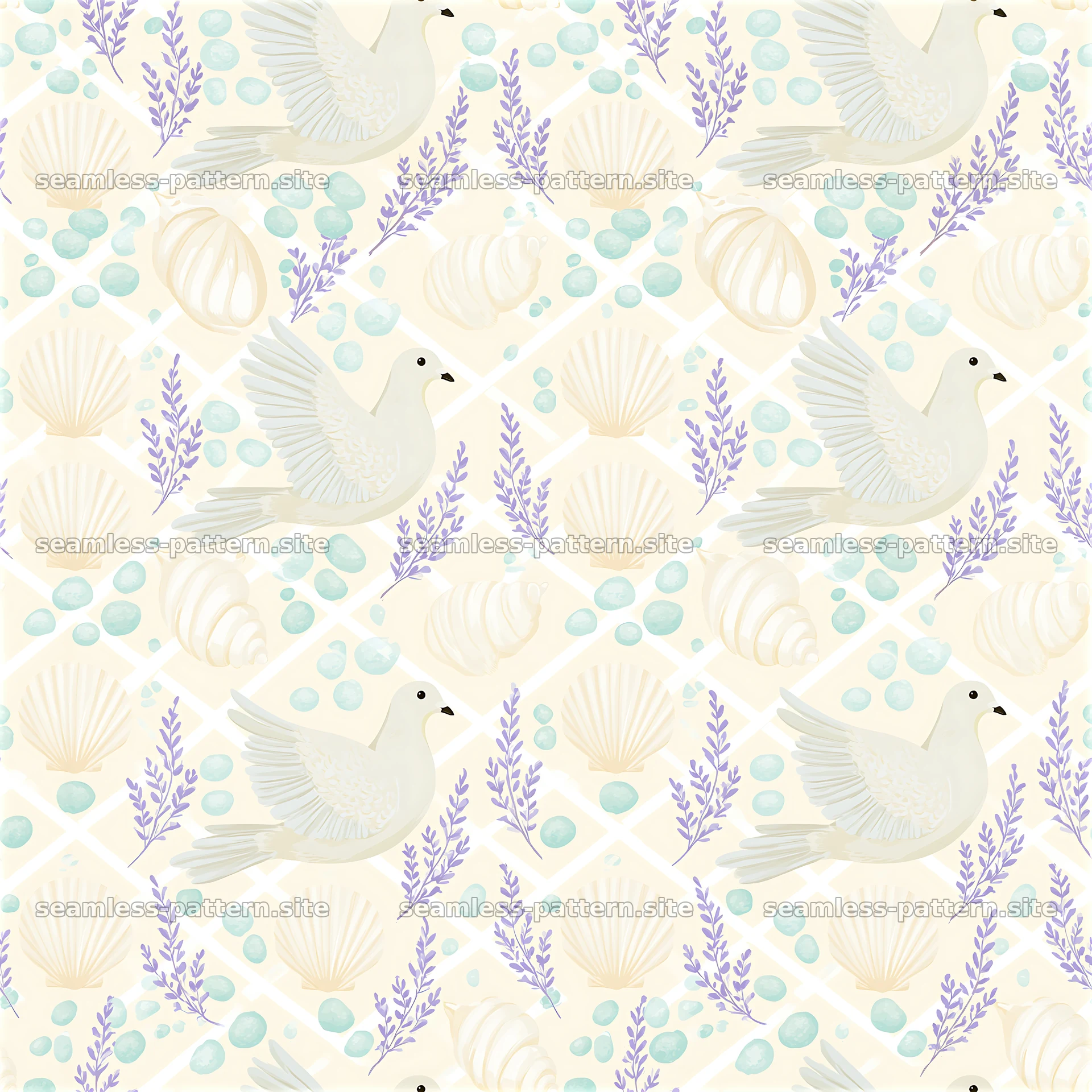 Repeat pattern with dove motifs and peaceful pastel colors — seamless tileable pattern at 8192x8192