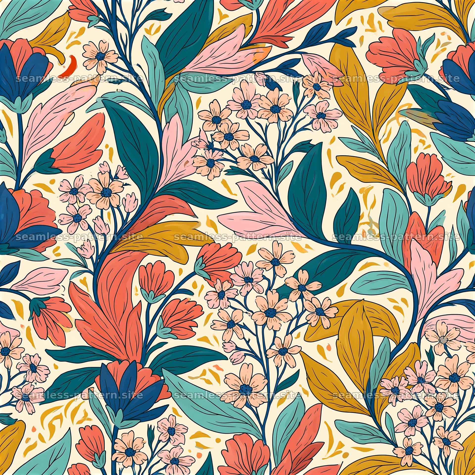 Colorful flowers seamless design for fabric and wallpaper — seamless tileable pattern at 8192x8192