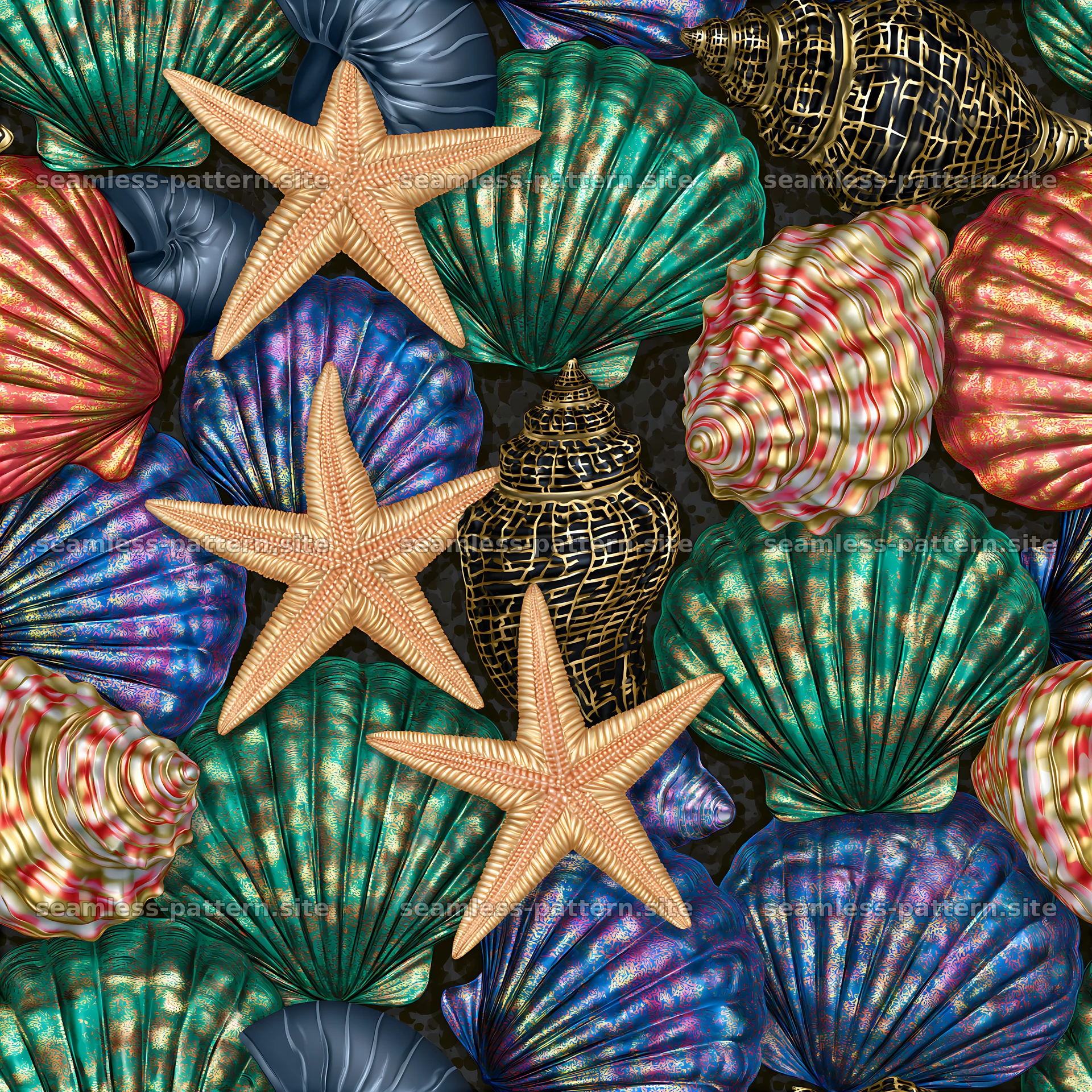 Colorful seashells and starfish seamless pattern for various uses — seamless tileable pattern at 8192x8192