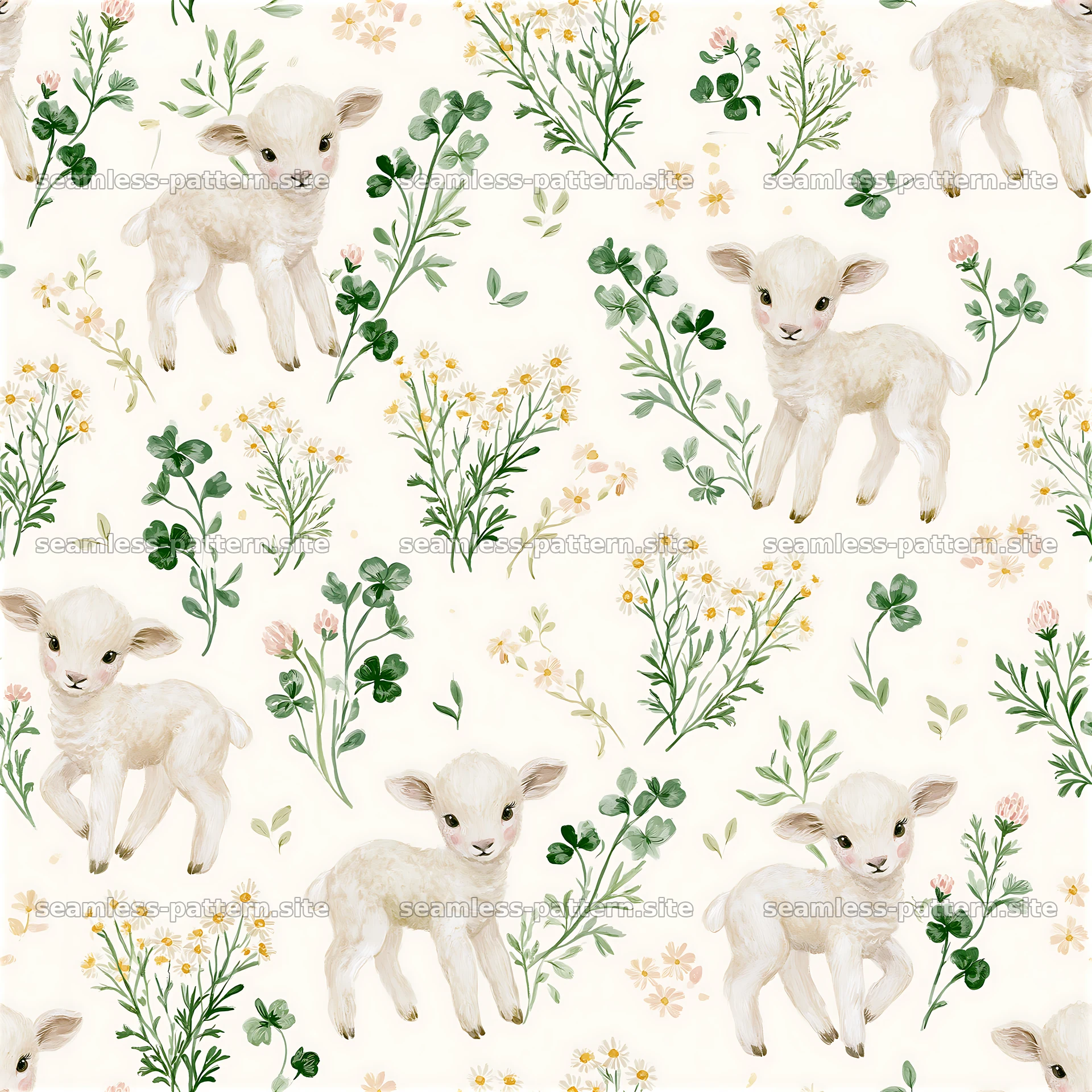 Seamless pattern featuring lambs and gentle botanical elements — seamless tileable pattern at 8192x8192