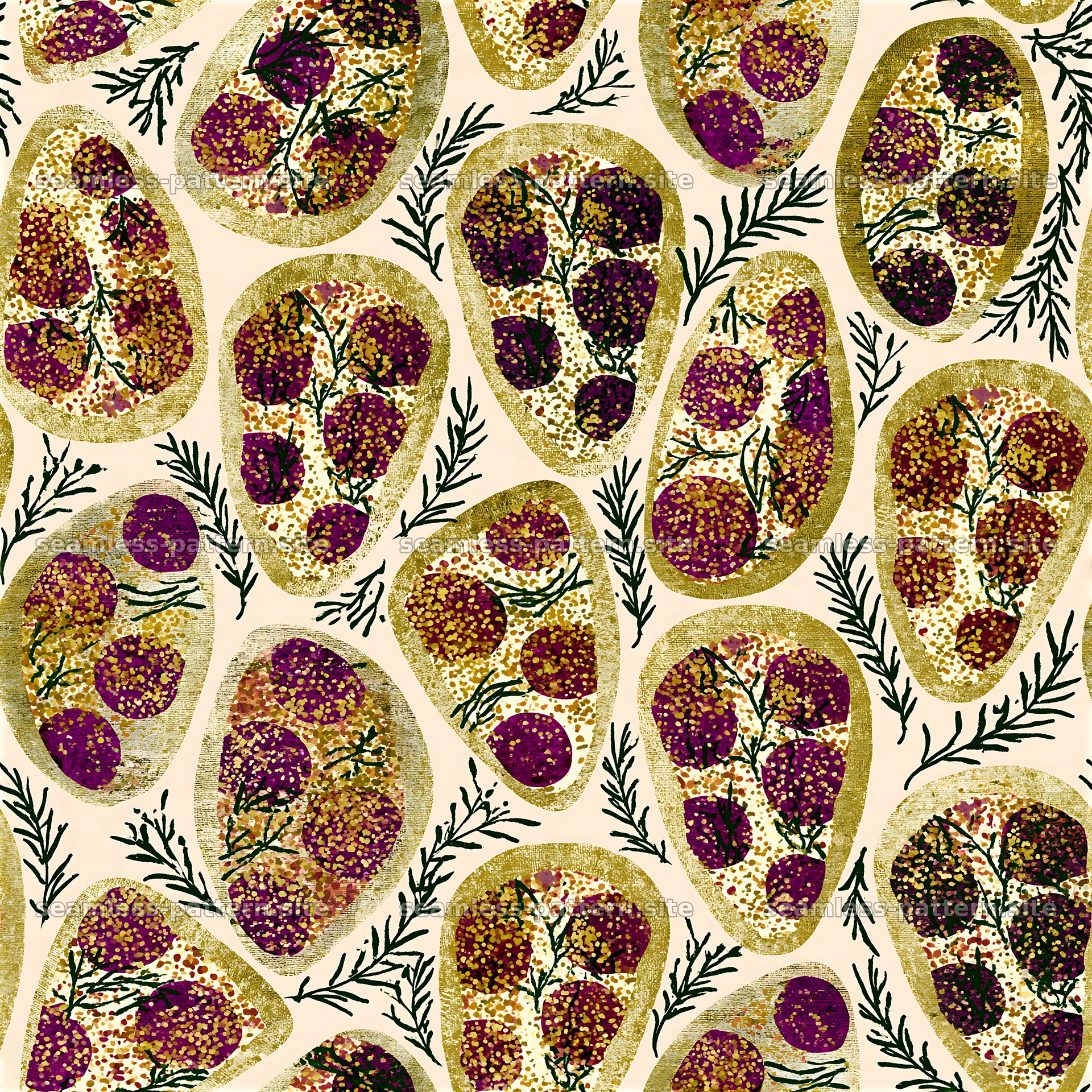 Colorful seamless pattern of pizza slices with herbs and toppings — seamless tileable pattern at 8192x8192