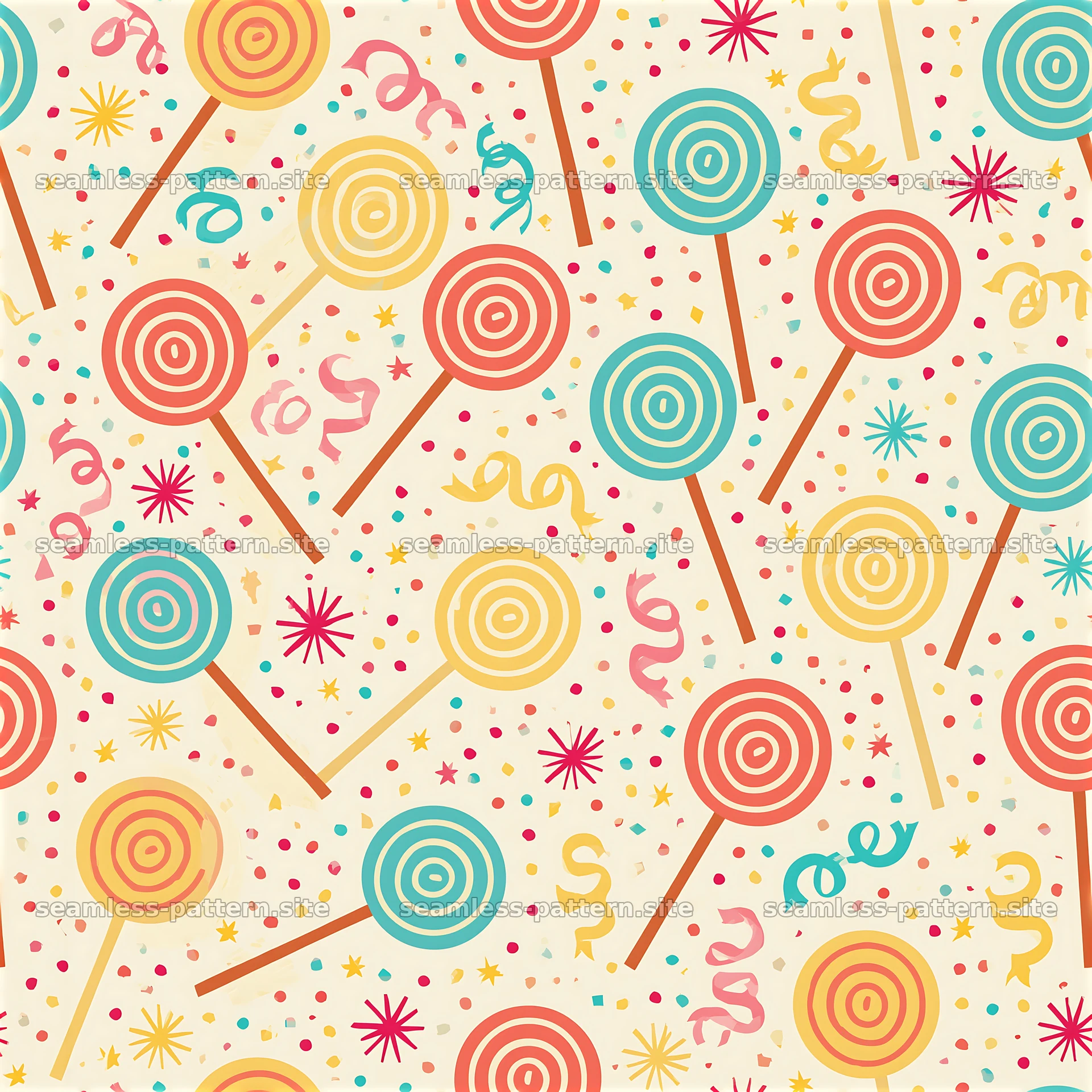 Birthday lollipops seamless pattern with colorful swirls and confetti — seamless tileable pattern at 8192x8192