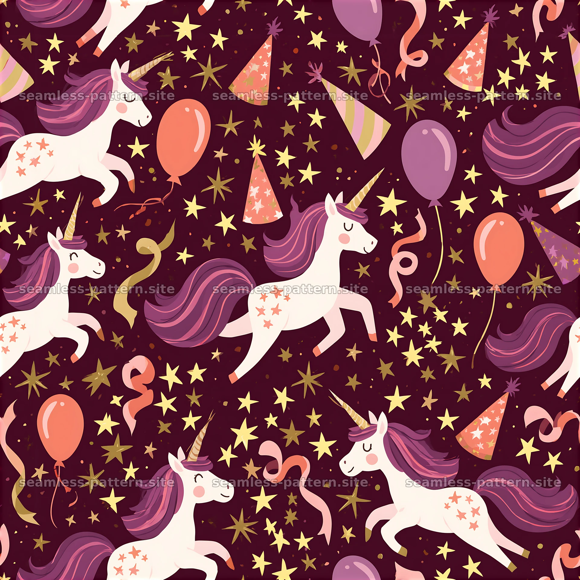 Colorful unicorns and party elements create a fun pattern — seamless tileable pattern at 8192x8192