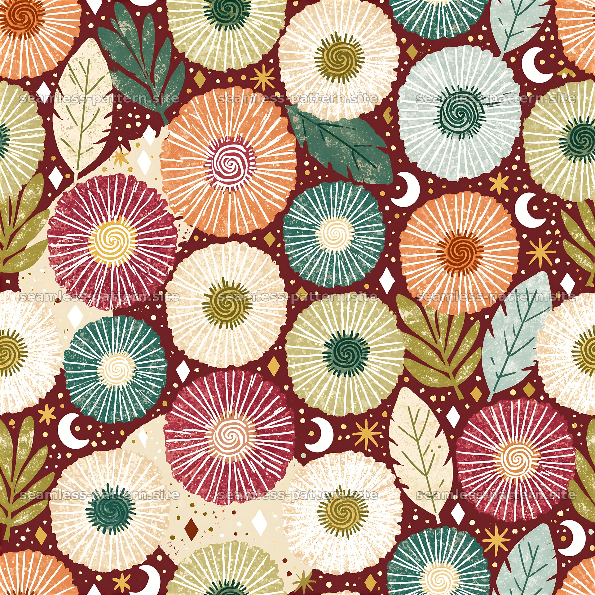 Colorful floral seamless pattern with leaves and spirals — seamless tileable pattern at 8192x8192