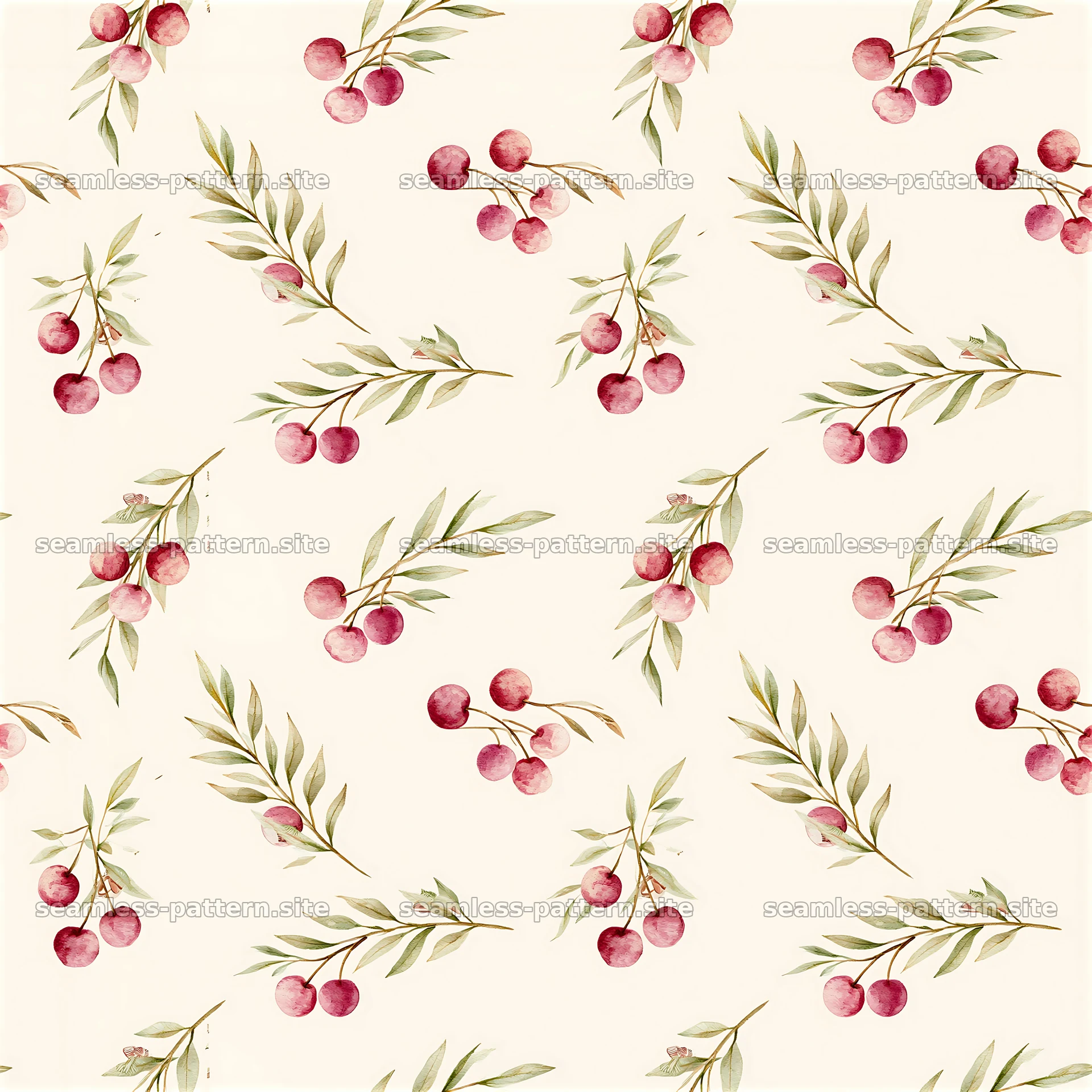Watercolor cherry pattern with leaves on a light background — seamless tileable pattern at 8192x8192