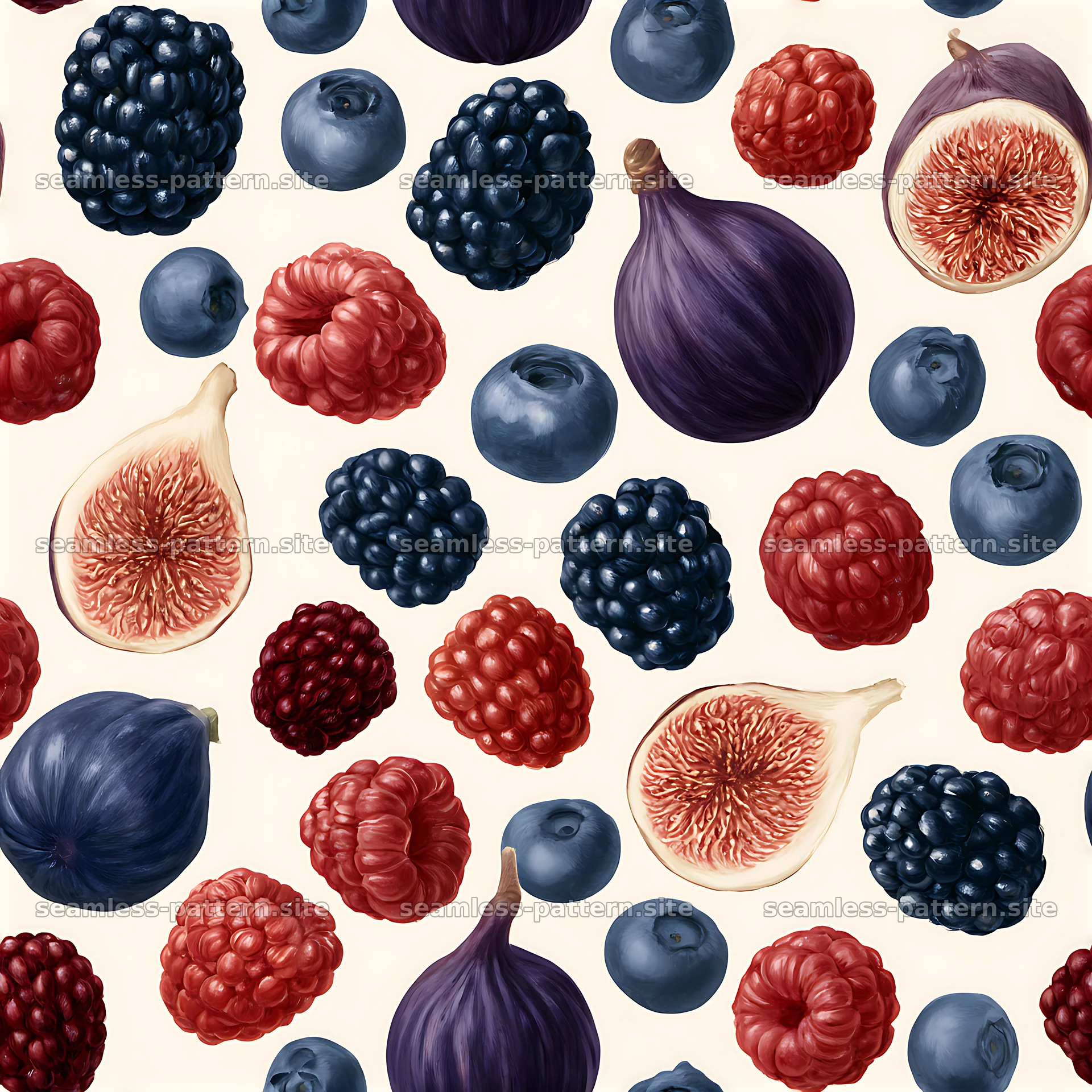Colorful fruit seamless pattern with figs, raspberries, and blueberries — seamless tileable pattern at 8192x8192