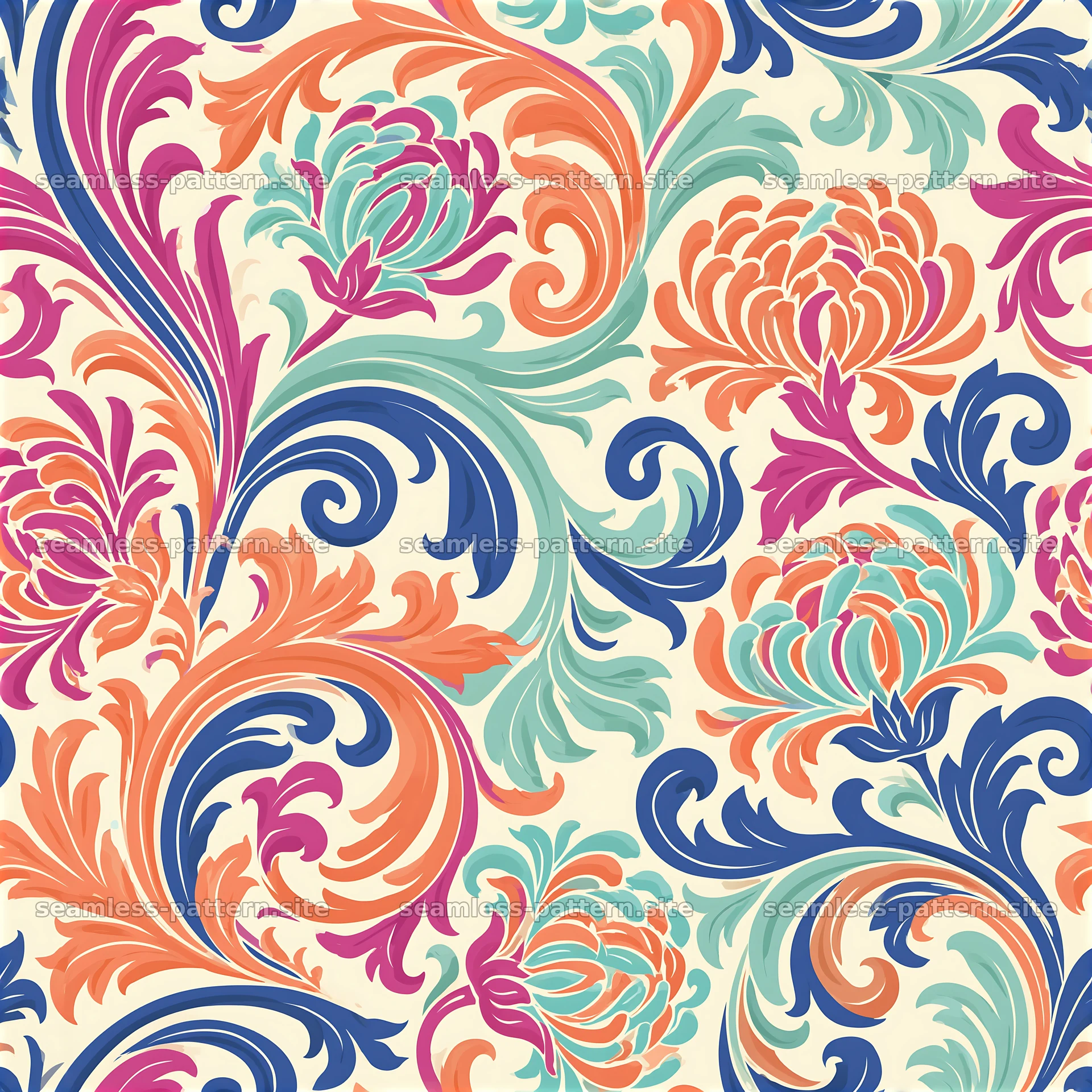 Colorful floral seamless pattern with intricate swirls and details — seamless tileable pattern at 8192x8192