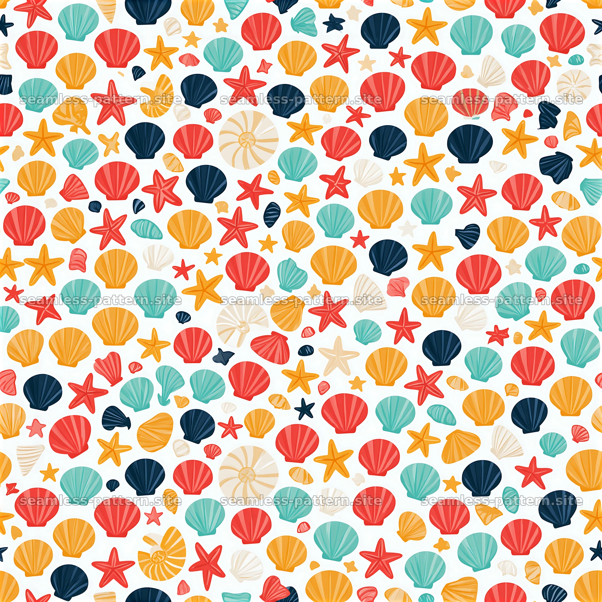 Colorful seashells and starfish seamless pattern for summer designs — seamless tileable pattern at 8192x8192