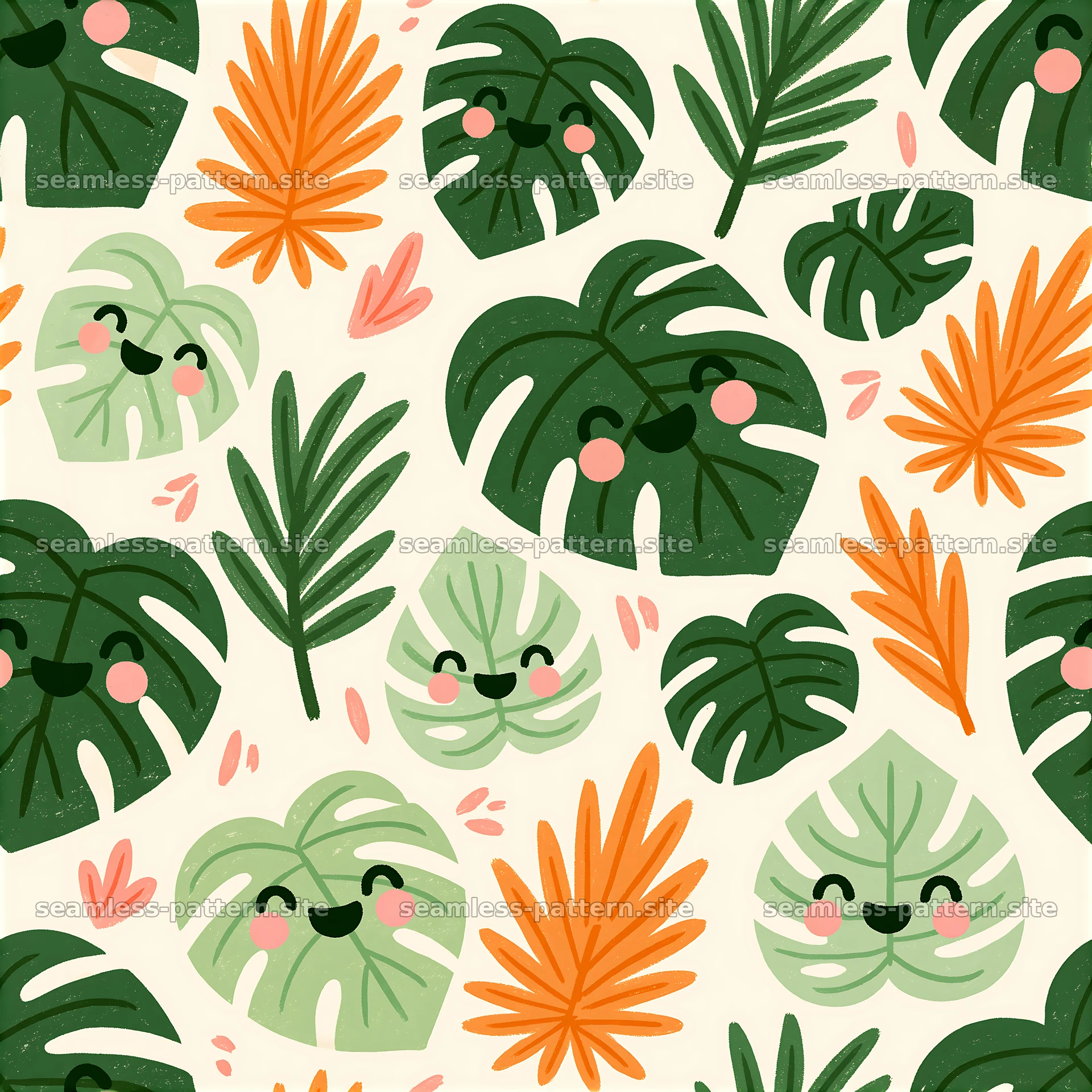 Cute tropical foliage seamless pattern with smiling leaves — seamless tileable pattern at 8192x8192