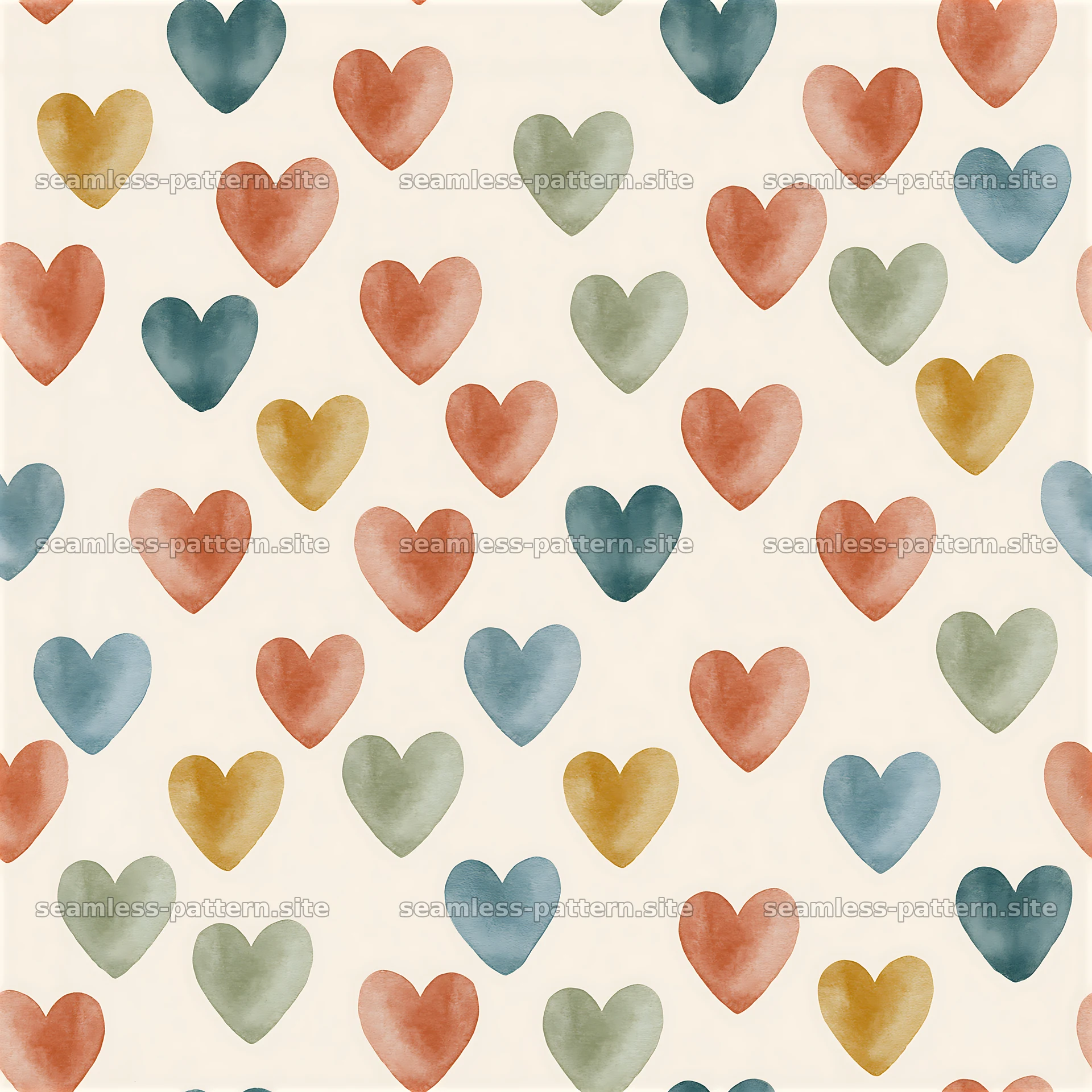 Seamless watercolor heart pattern with various colored hearts — seamless tileable pattern at 8192x8192