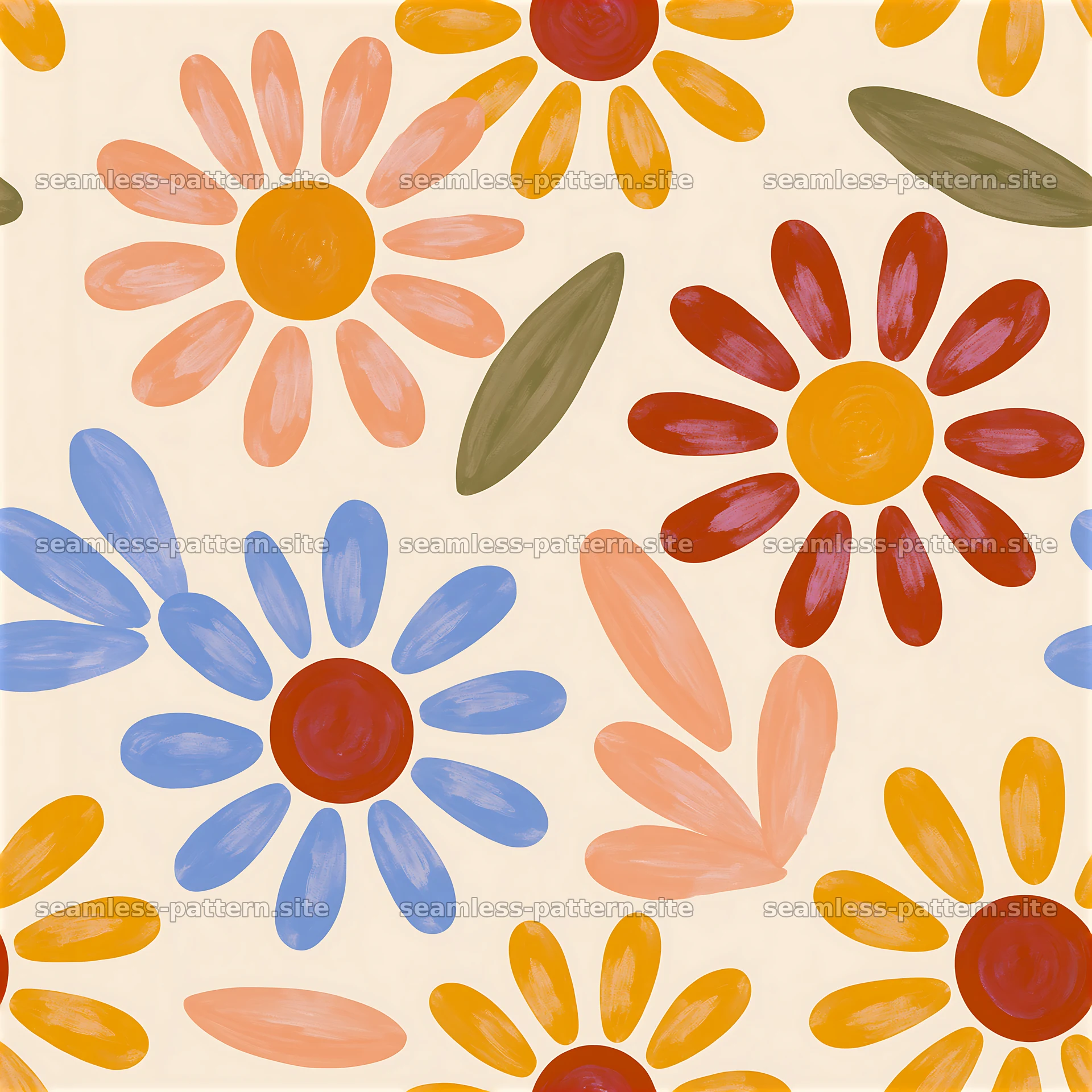 Colorful sun seamless pattern with flowers on a light background — seamless tileable pattern at 8192x8192
