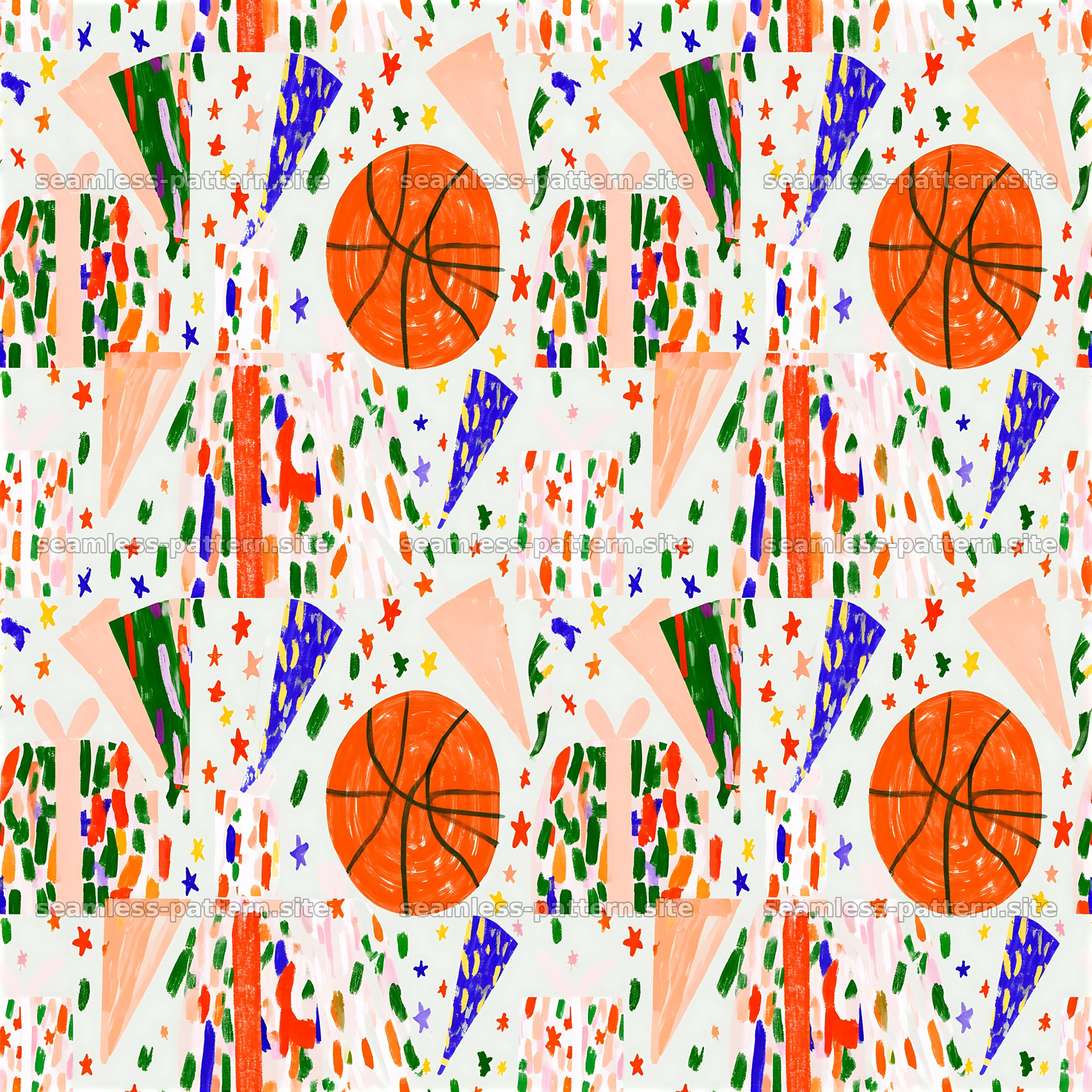 Colorful Basketball and Confetti Seamless Pattern — seamless tileable pattern at 8192x8192