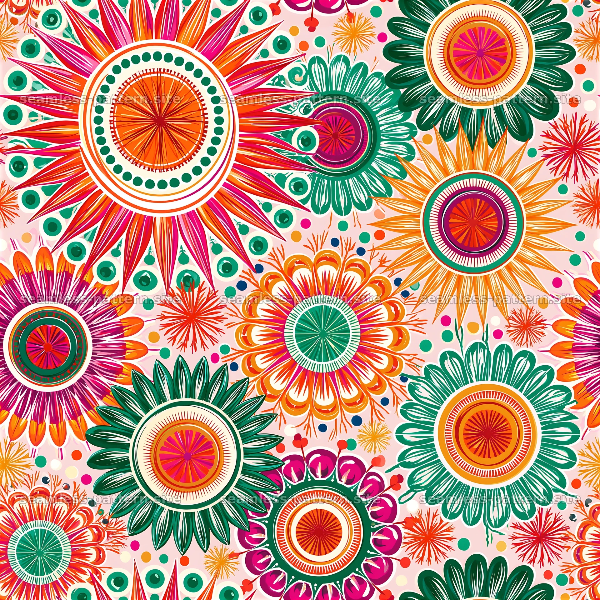 Colorful floral design with sunburst motifs in a seamless pattern — seamless tileable pattern at 8192x8192