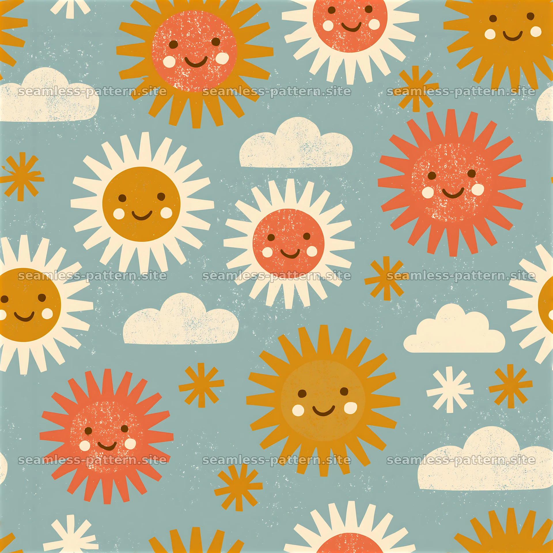 Bright sunshine faces and clouds create a playful seamless pattern — seamless tileable pattern at 8192x8192