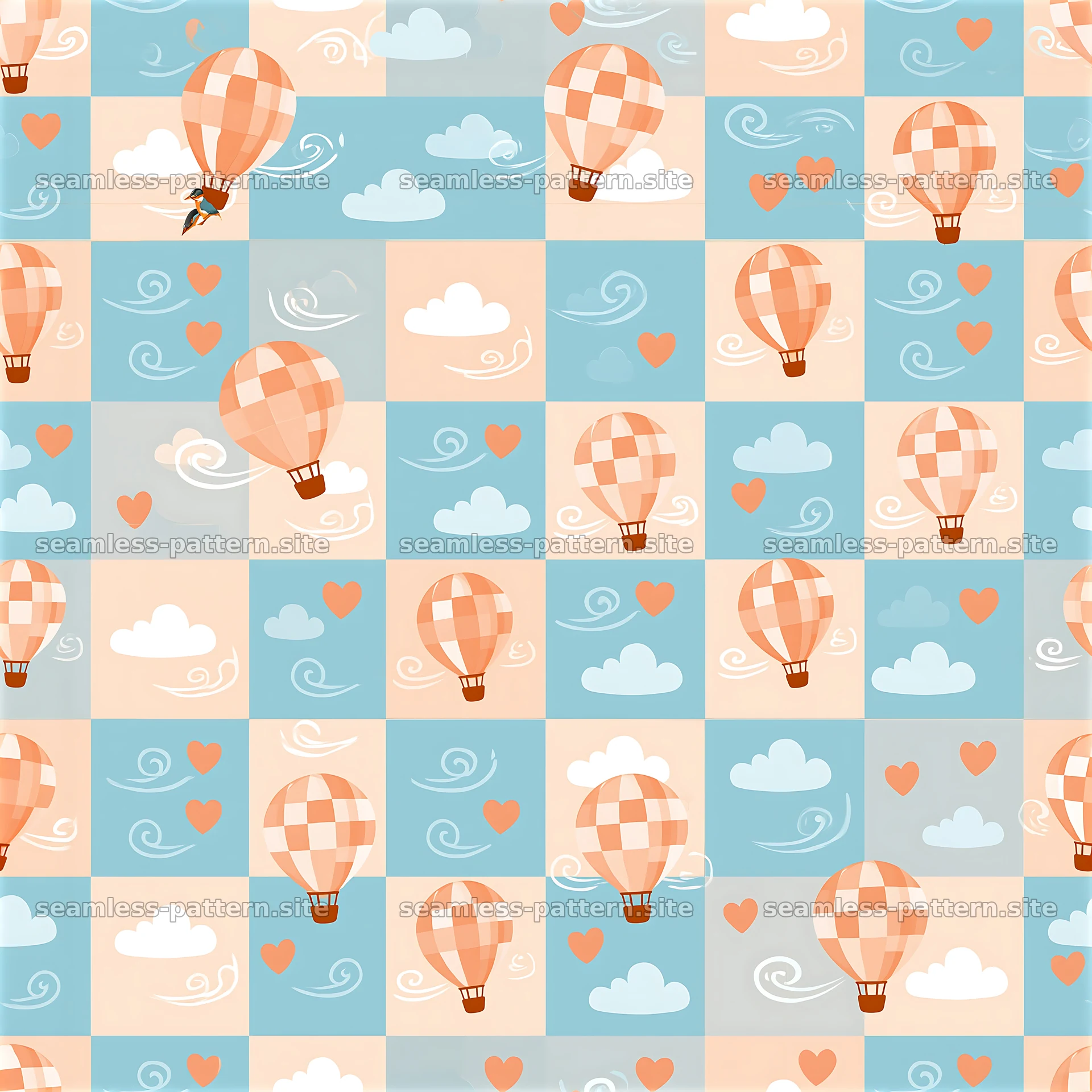 Hot air balloon and clouds tiled children's pattern — seamless tileable pattern at 8192x8192