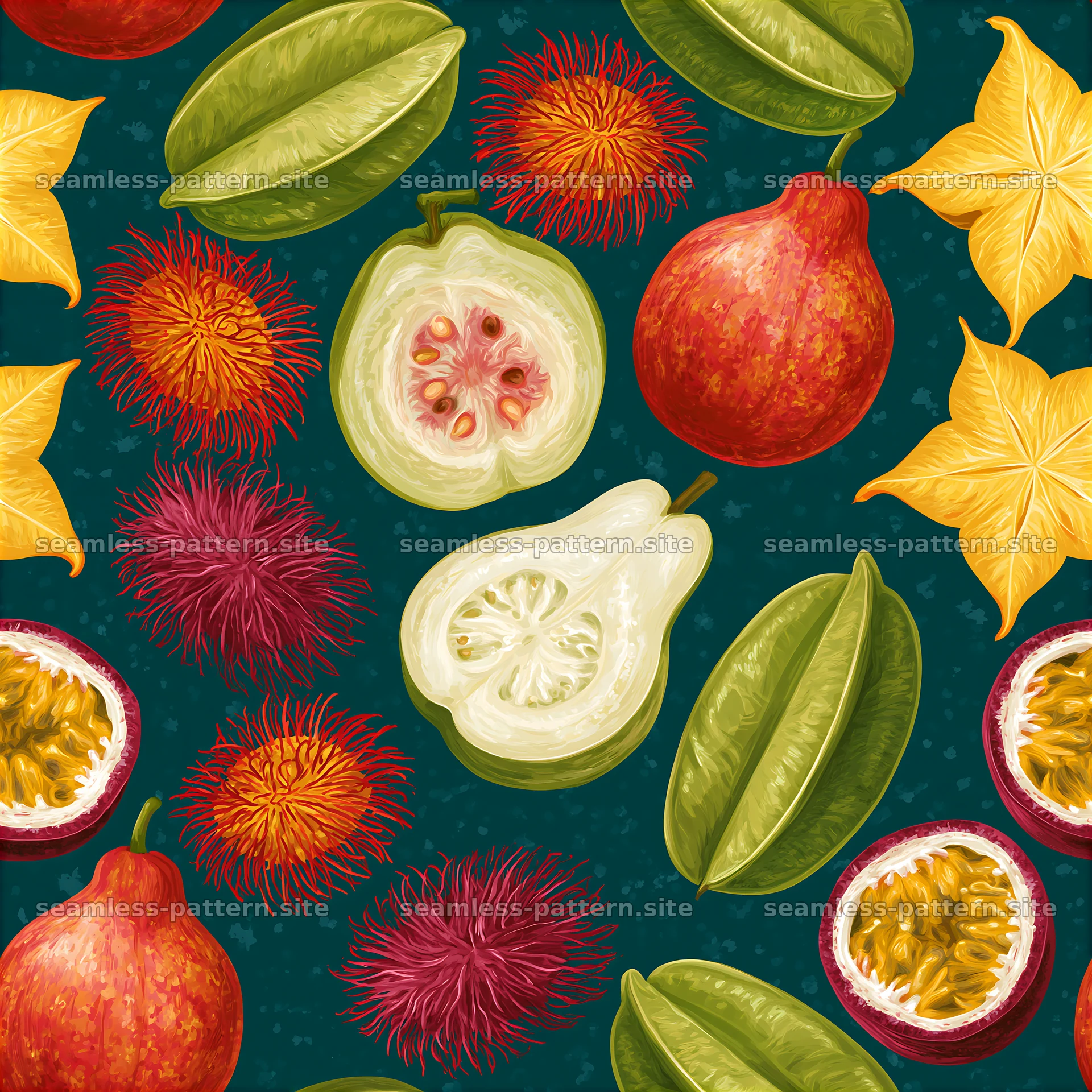 Colorful Tropical Fruit and Flower Seamless Pattern — seamless tileable pattern at 8192x8192