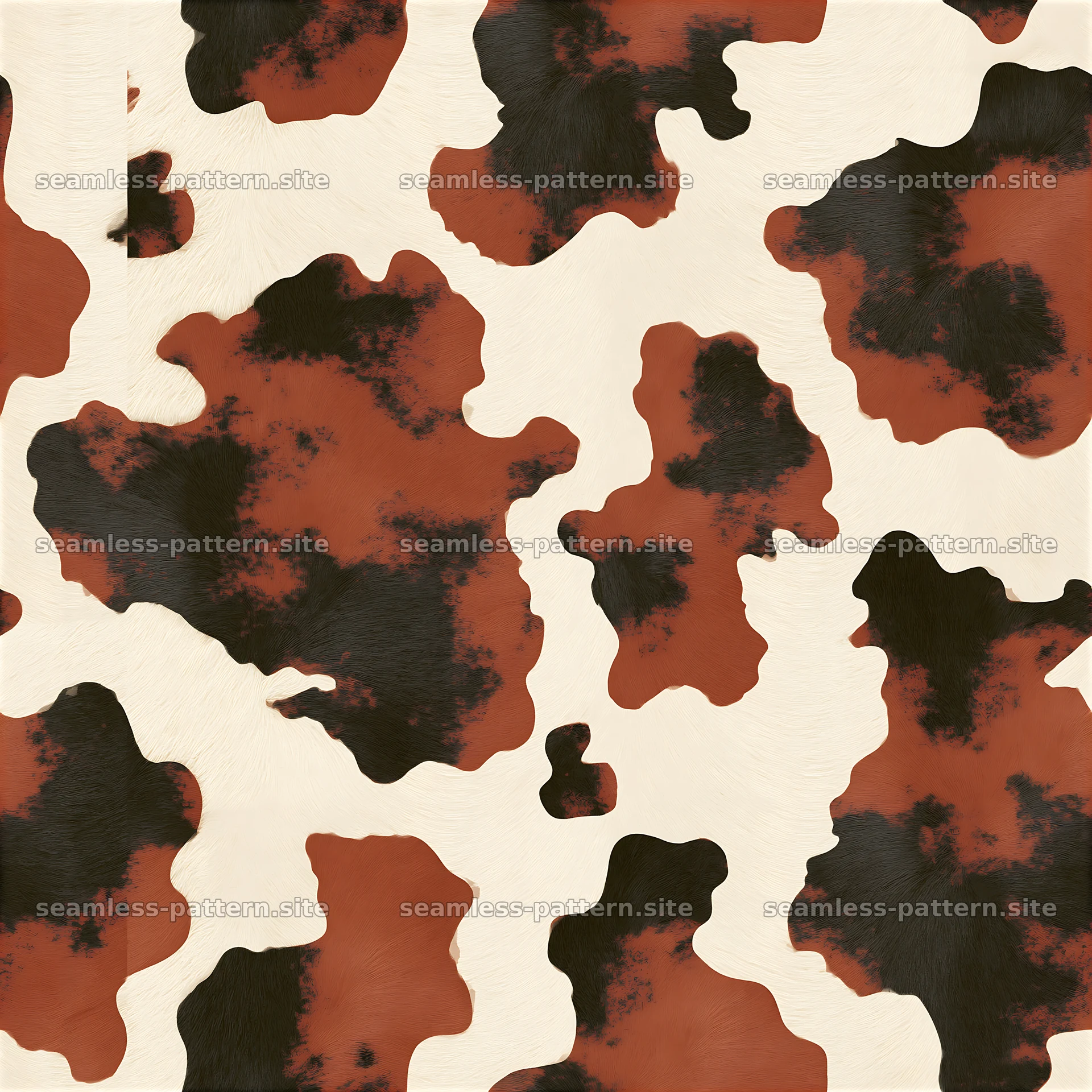 Seamless cowhide pattern showing brown and black shapes on a light — seamless tileable pattern at 8192x8192
