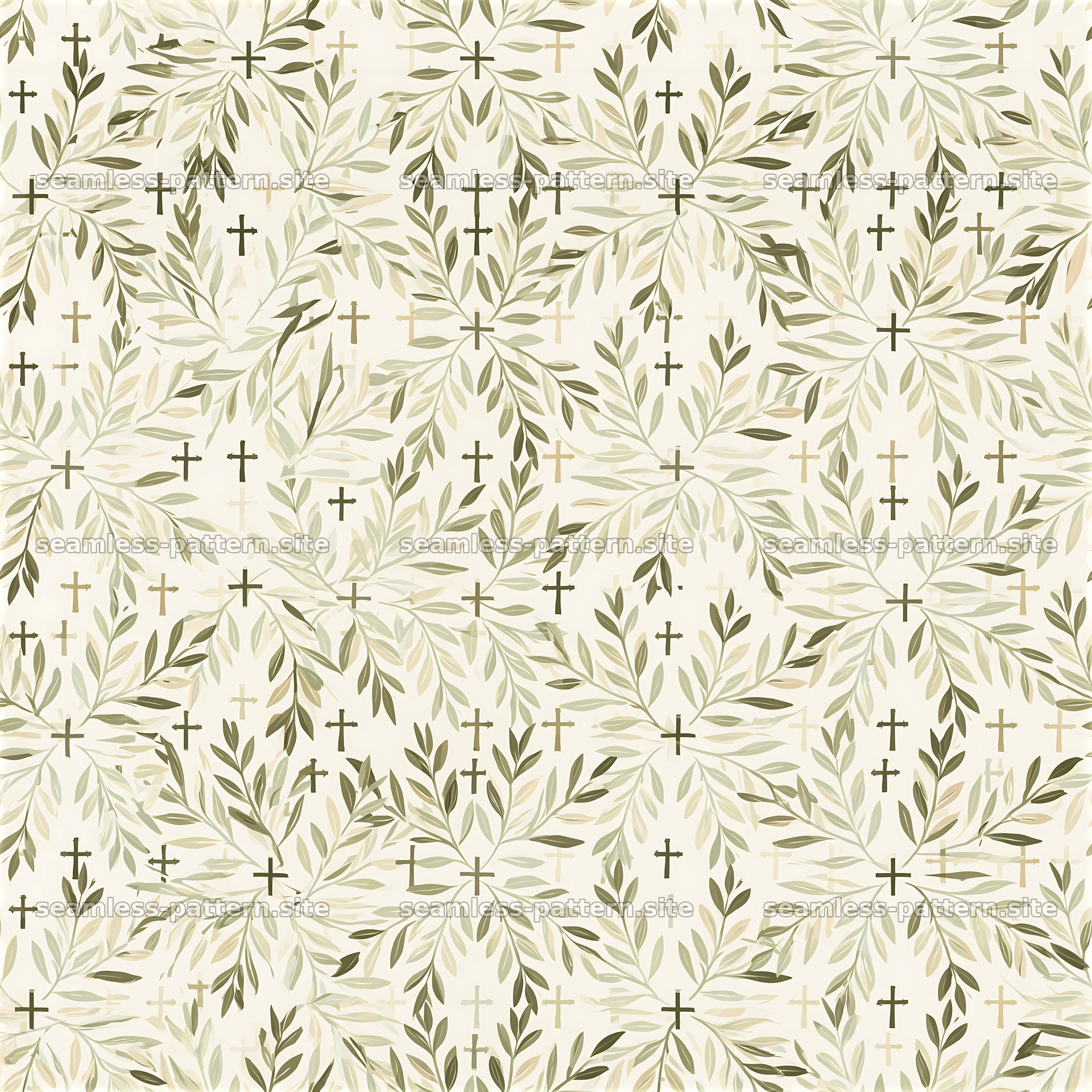 Tileable pattern of olive branches and small crosses in green tones — seamless tileable pattern at 8192x8192