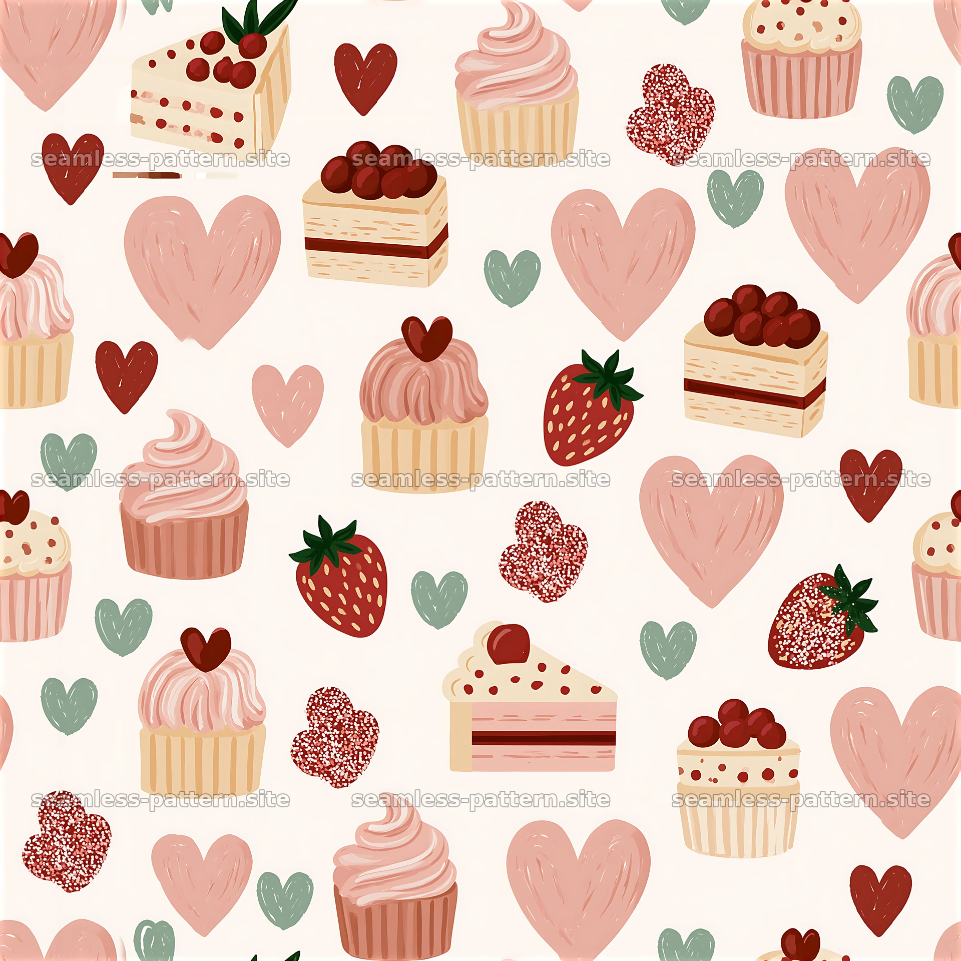 Seamless heart and dessert pattern featuring cupcakes and strawberries — seamless tileable pattern at 8192x8192