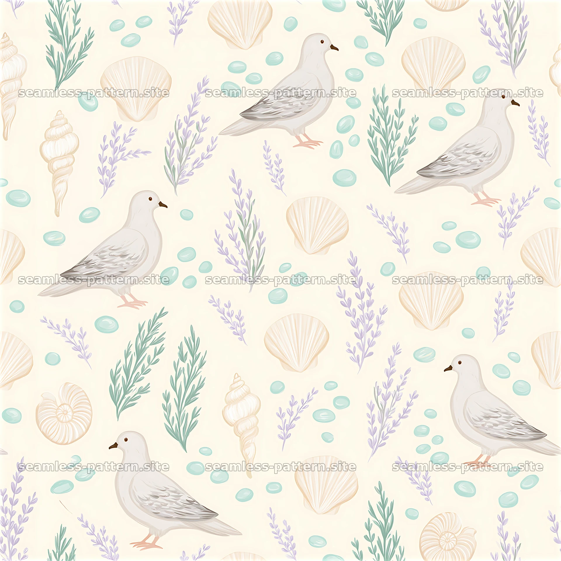 Repeat pattern with dove motifs and peaceful pastel colors in nature — seamless tileable pattern at 8192x8192