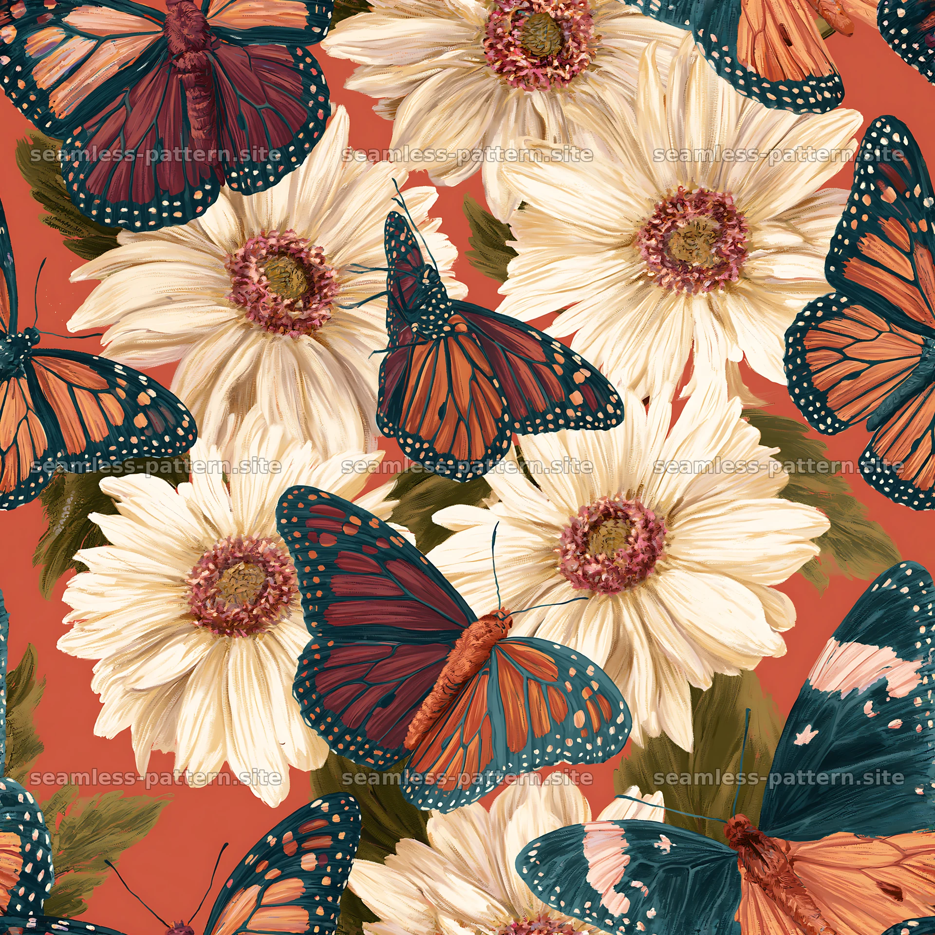 Butterfly and daisy seamless pattern with vibrant colors — seamless tileable pattern